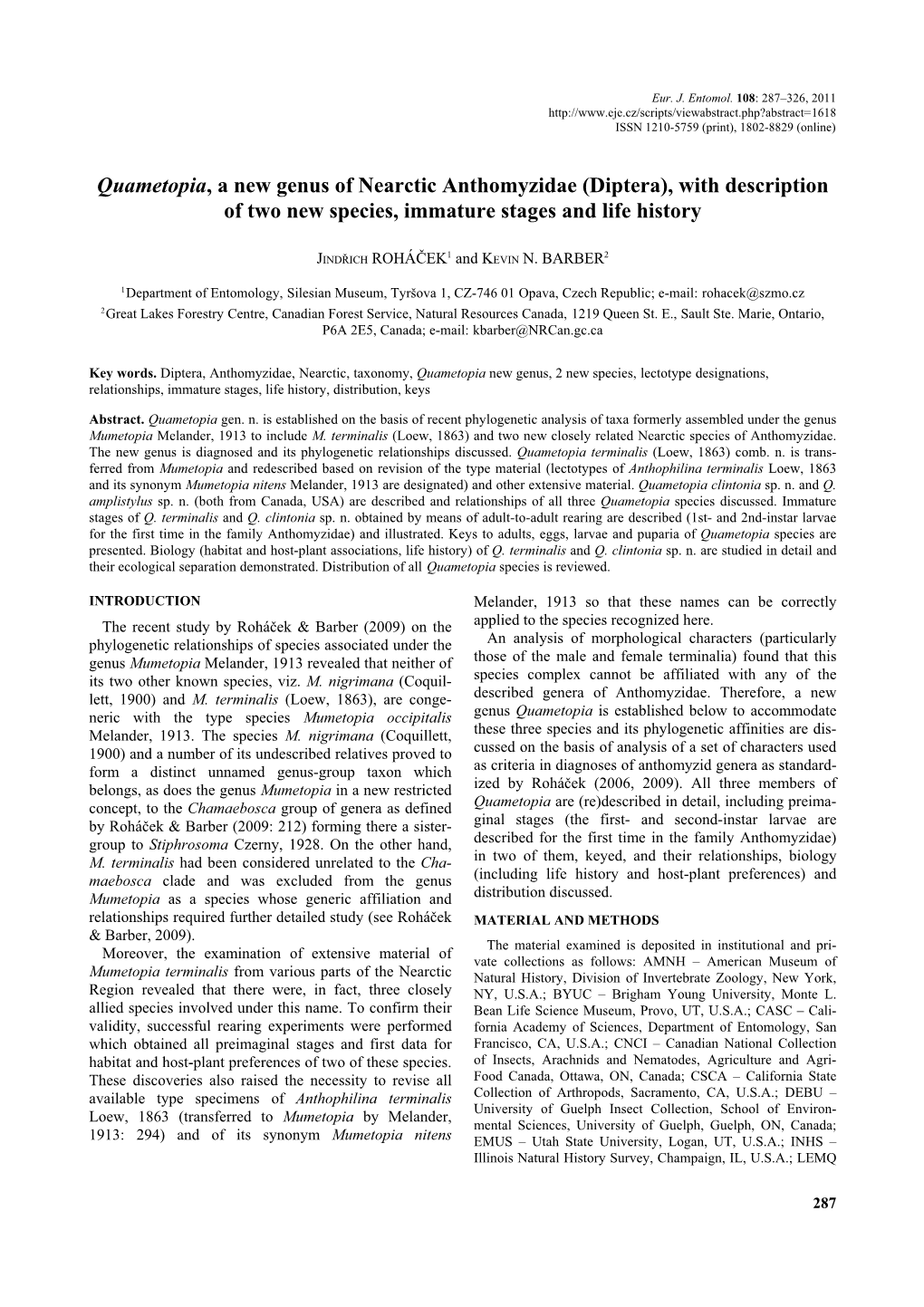 Quametopia, a New Genus of Nearctic Anthomyzidae (Diptera), with Description of Two New Species, Immature Stages and Life History