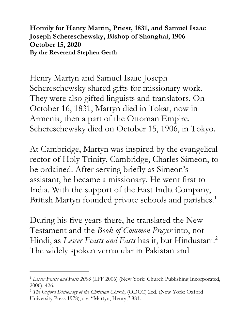 Henry Martyn and Samuel Isaac Joseph Schereschewsky Shared Gifts for Missionary Work