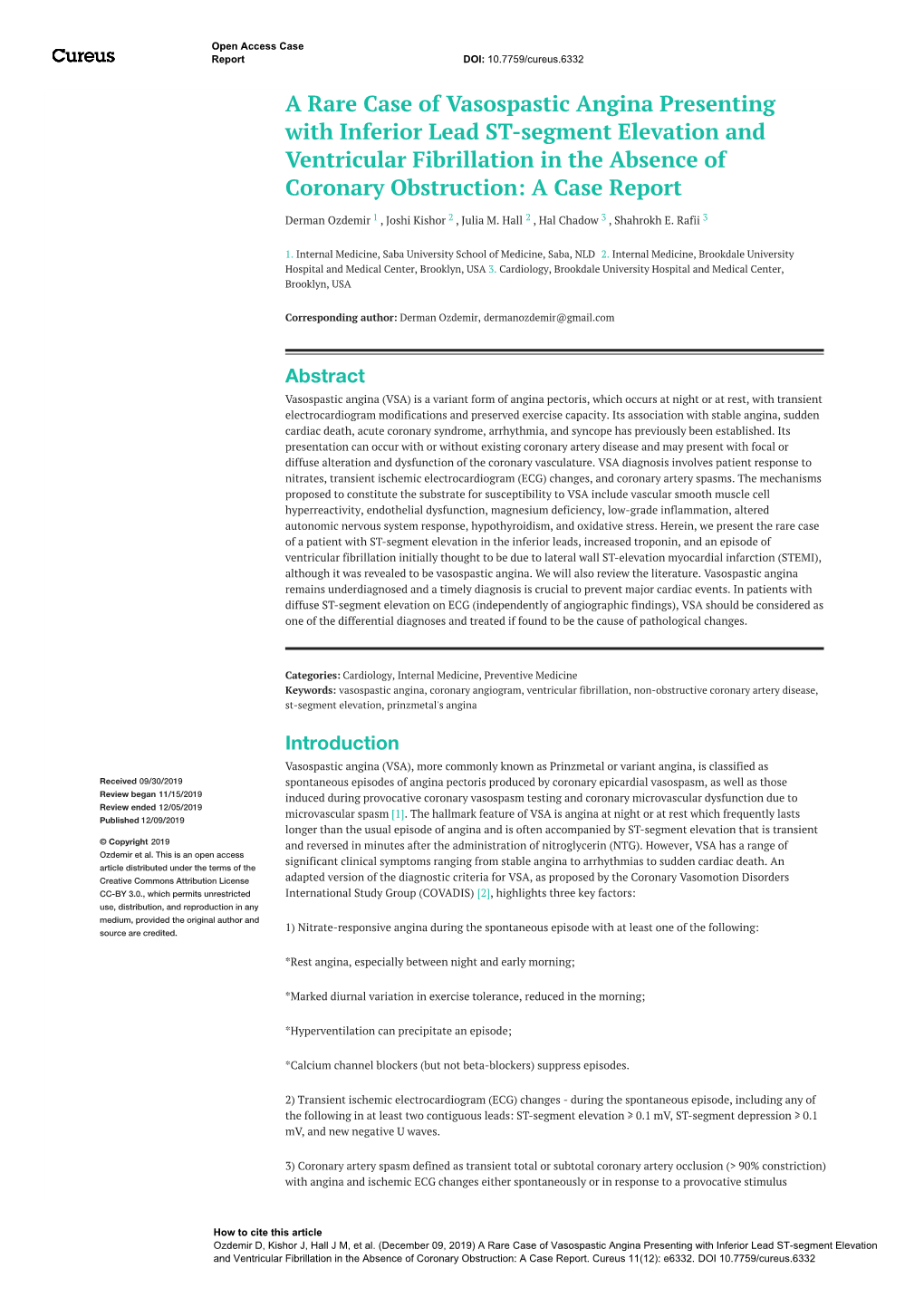 A Rare Case of Vasospastic Angina Presenting with Inferior