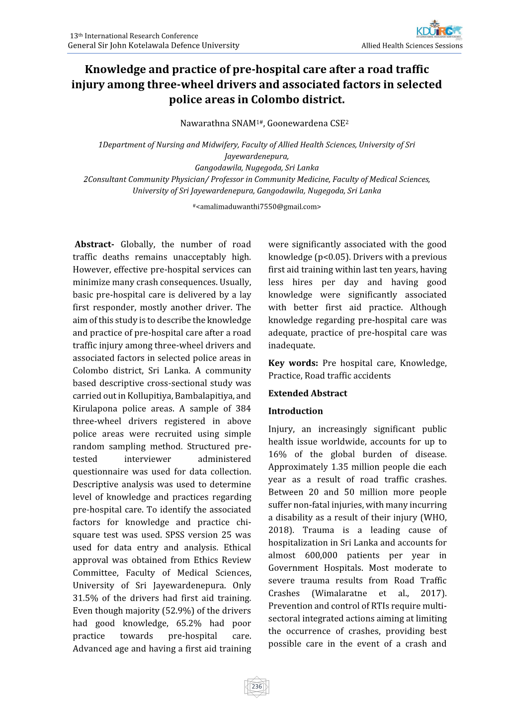 Knowledge and Practice of Pre-Hospital Care After a Road Traffic Injury Among Three-Wheel Drivers and Associated Factors in Selected Police Areas in Colombo District