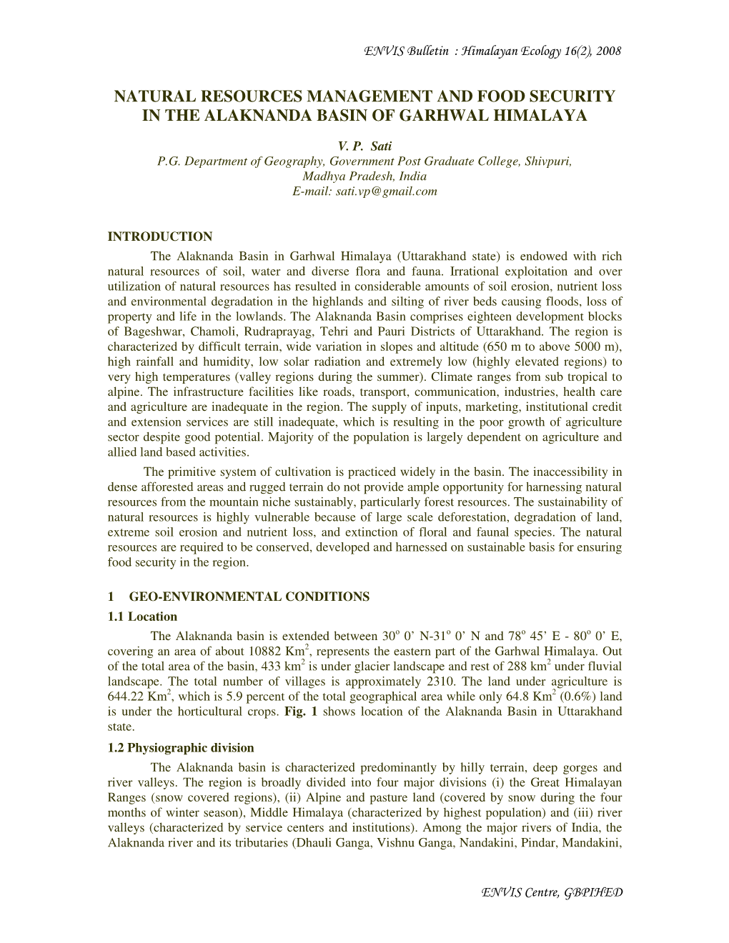 Natural Resources Management and Food Security in the Alaknanda Basin of Garhwal Himalaya