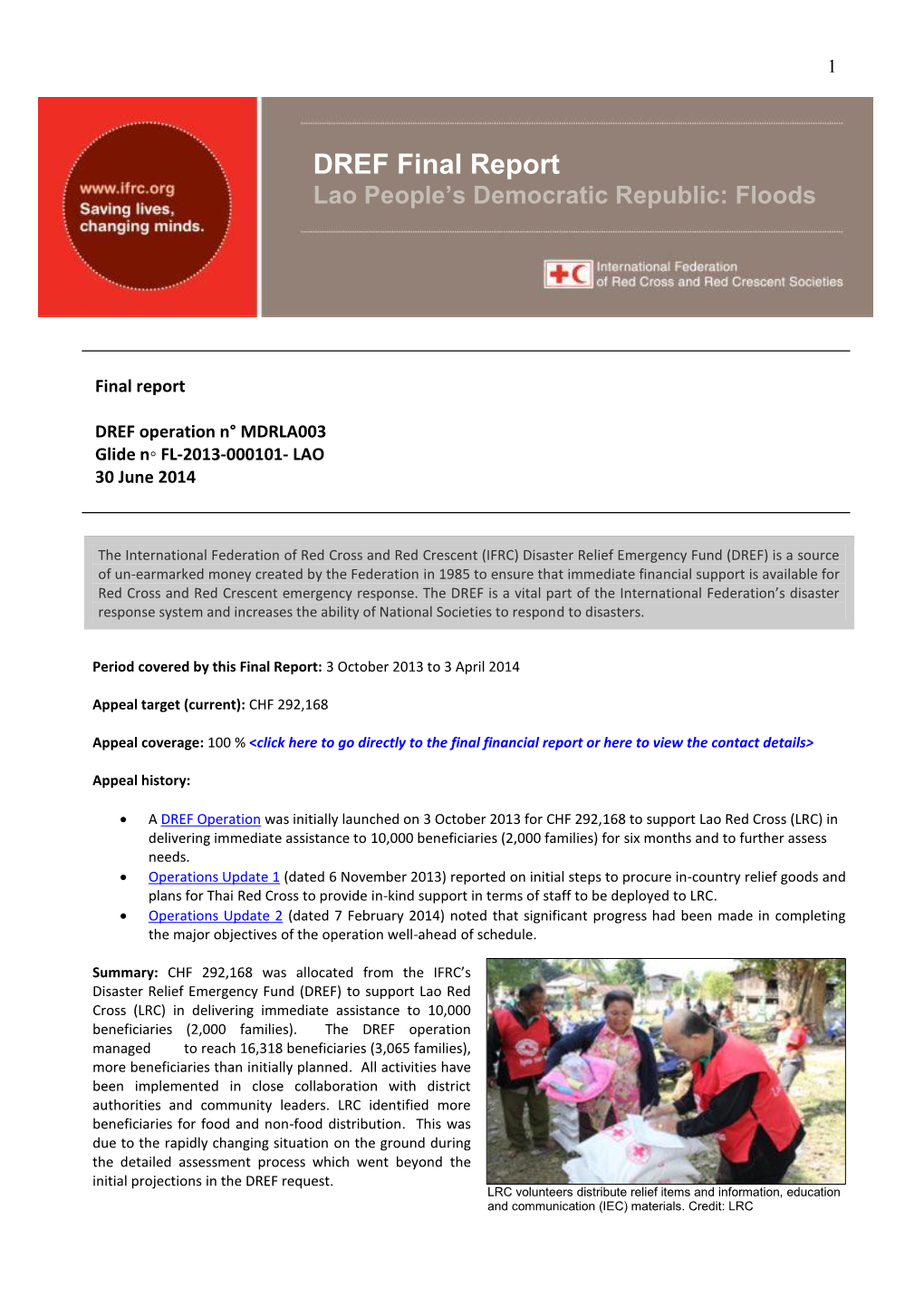 DREF Final Report Lao People’S Democratic Republic: Floods