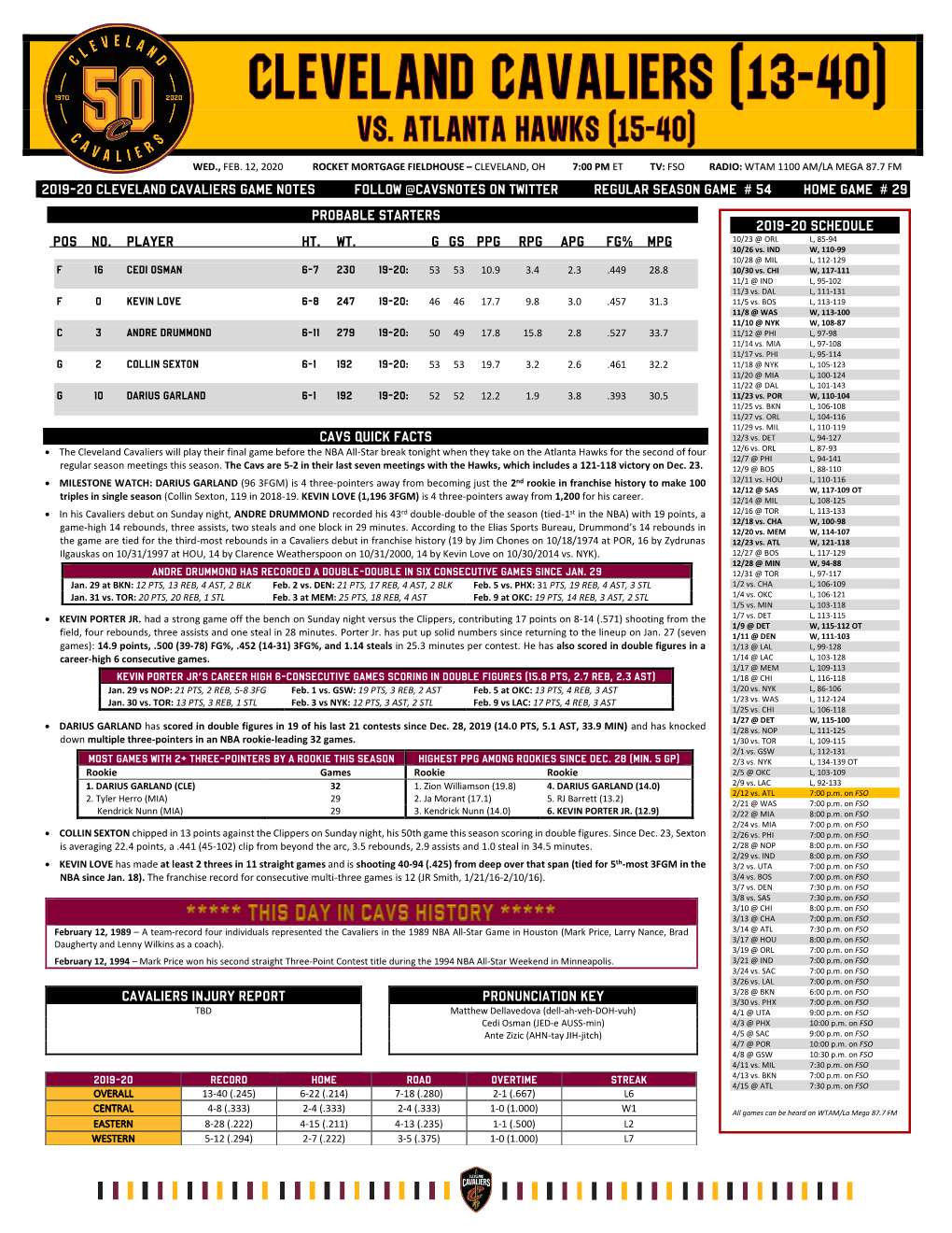 2019-20 Cleveland Cavaliers Game Notes Follow @Cavsnotes on Twitter Regular Season Game # 54 Home Game # 29