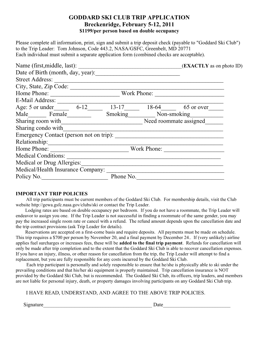 Goddard Ski Club 2002-2003 Trip Application