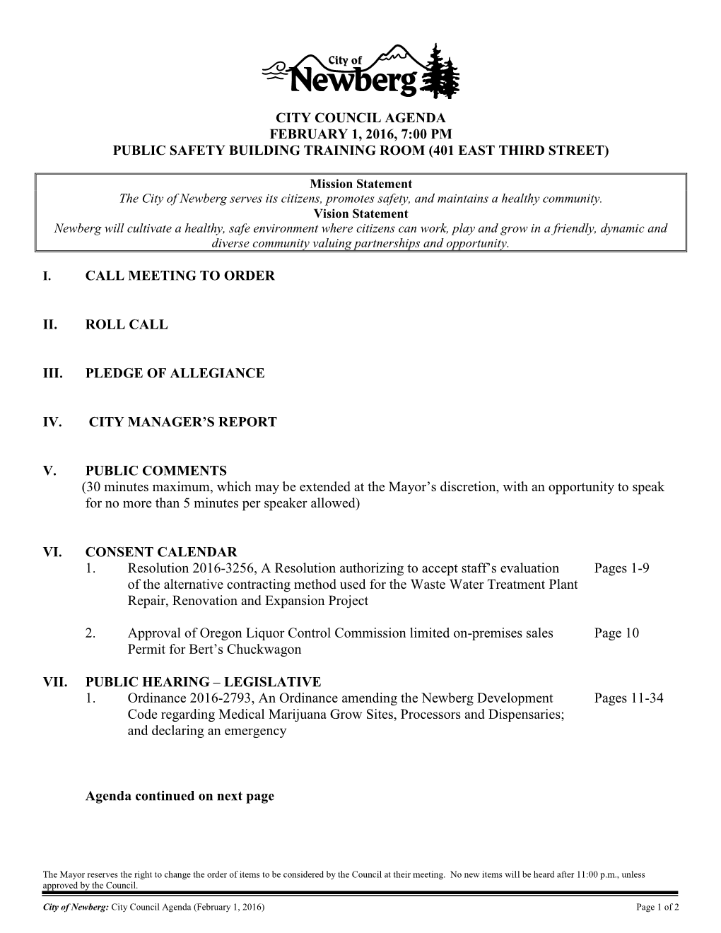 City Council Agenda February 1, 2016, 7:00 Pm Public Safety Building Training Room (401 East Third Street)