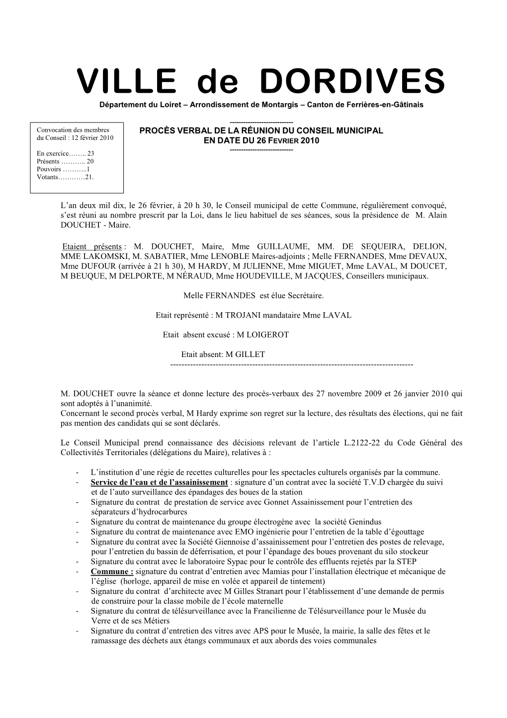 Conseil Municipal Du 26 Février 2010