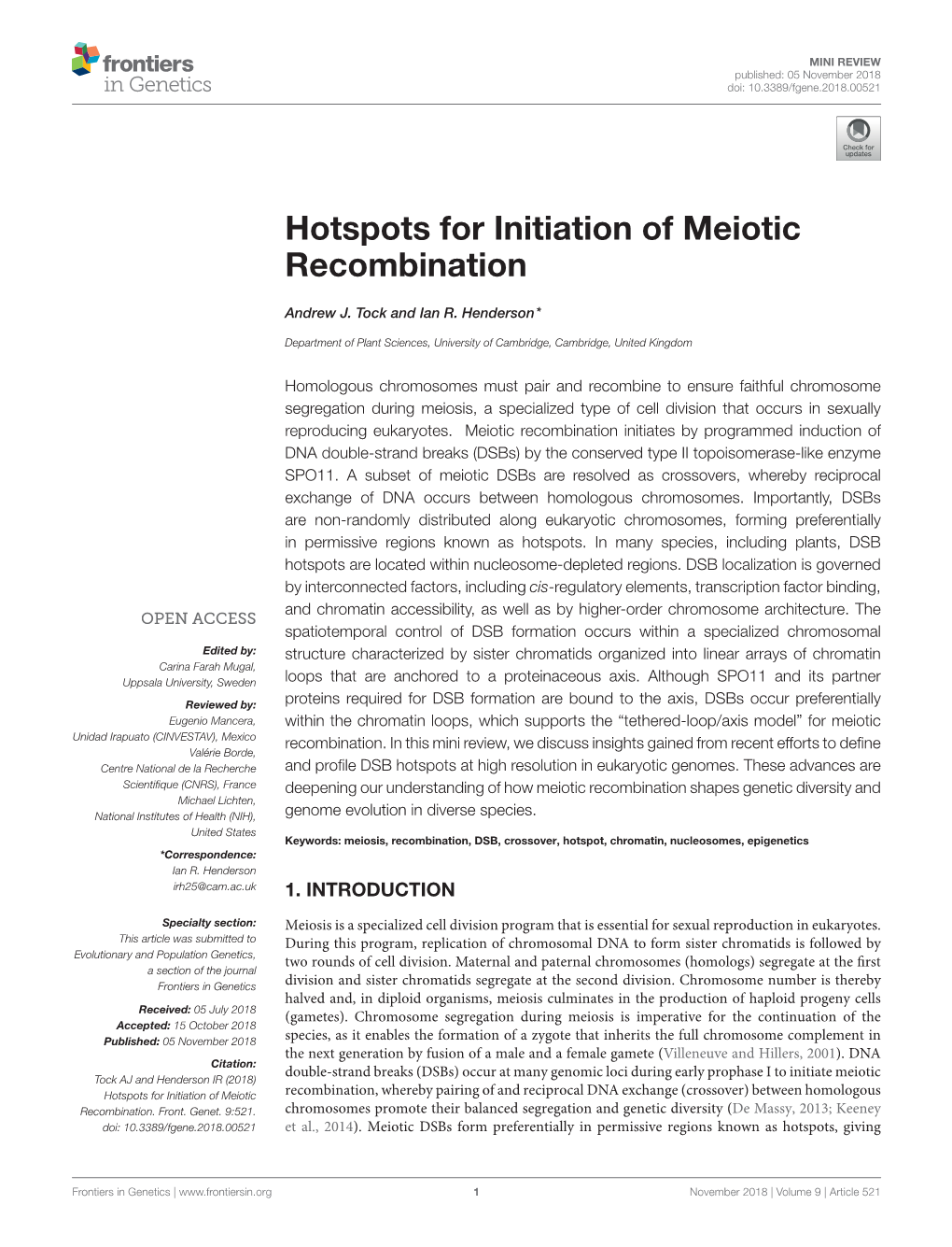 Hotspots for Initiation of Meiotic Recombination