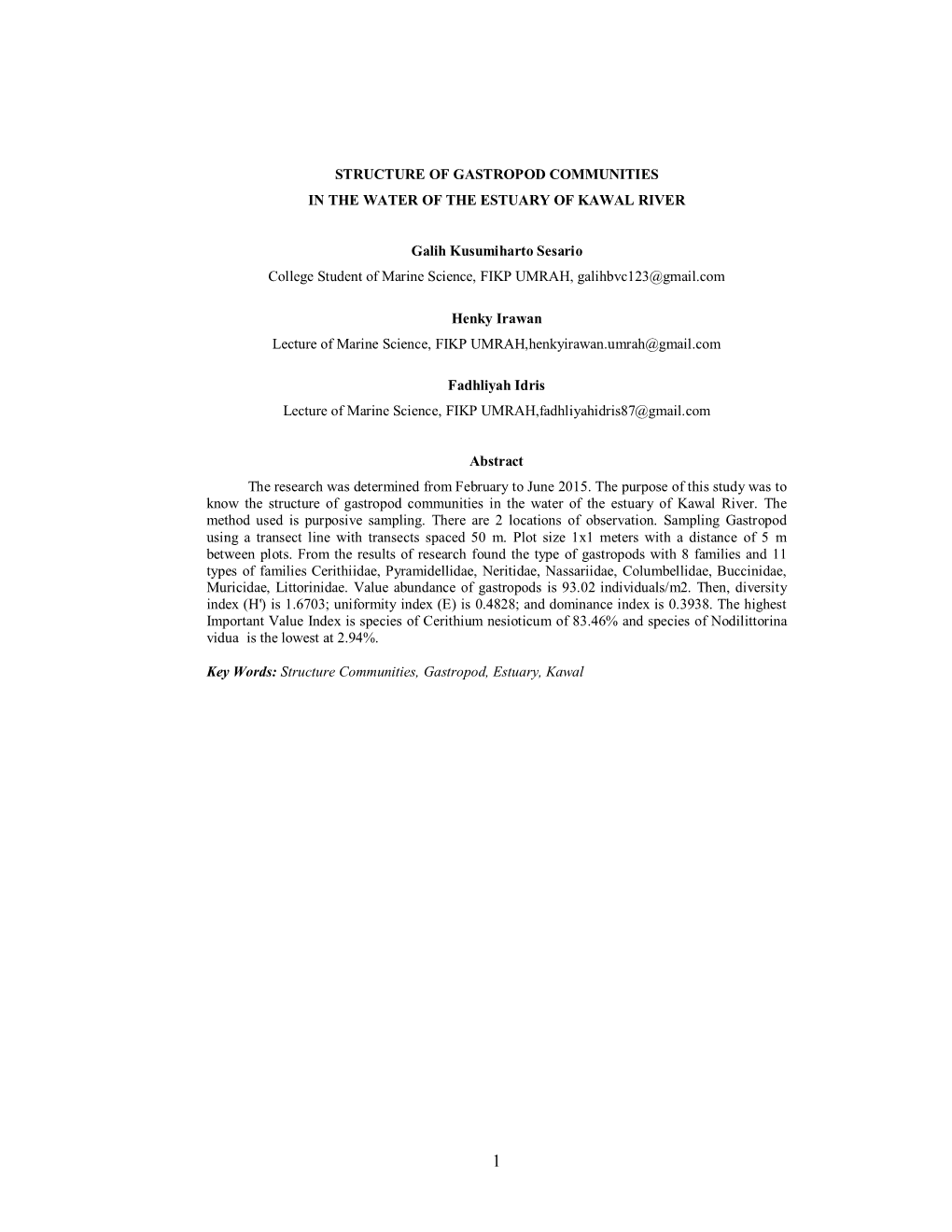 Structure of Gastropod Communities in the Water of the Estuary of Kawal River