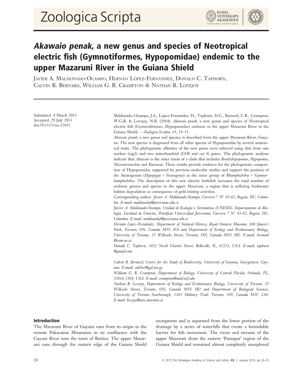 Akawaio Penak, a New Genus and Species of Neotropical Electric Fish