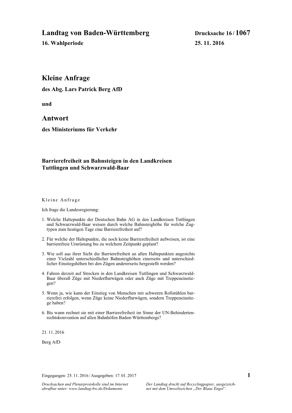 Landtag Von Baden-Württemberg Kleine Anfrage