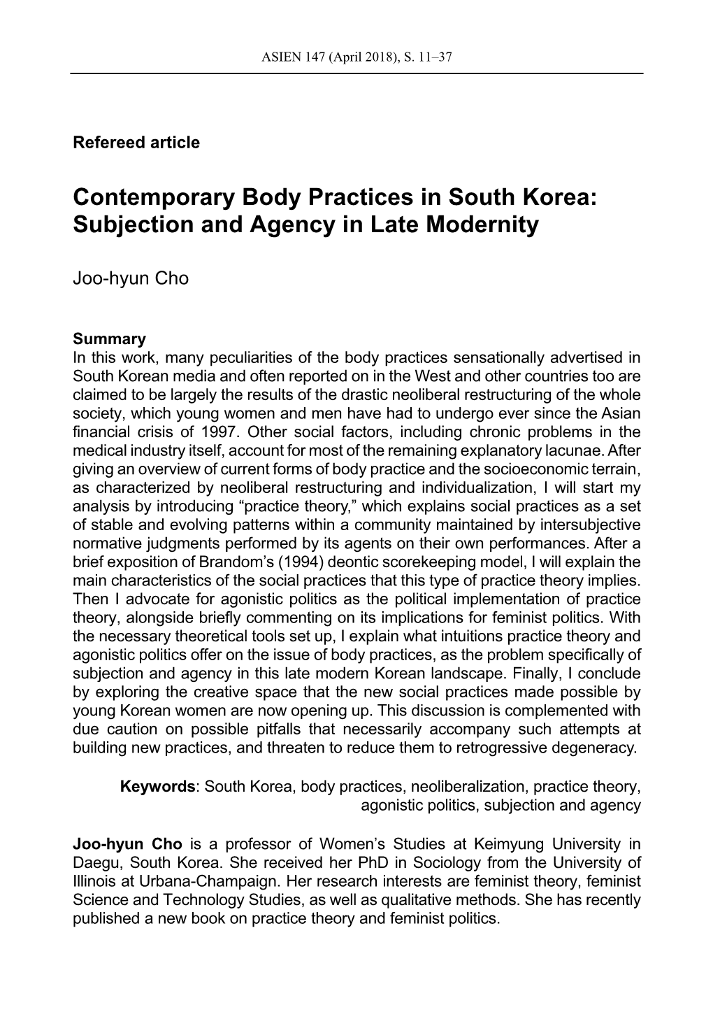 Contemporary Body Practices in South Korea: Subjection and Agency in Late Modernity