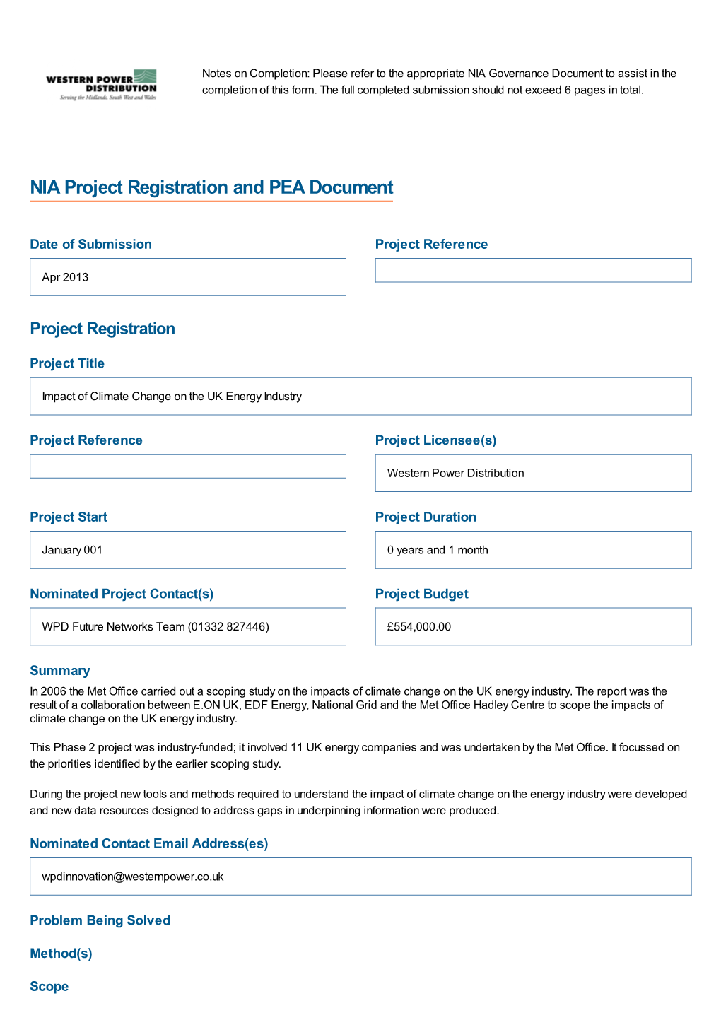 NIA Project Registration and PEA Document