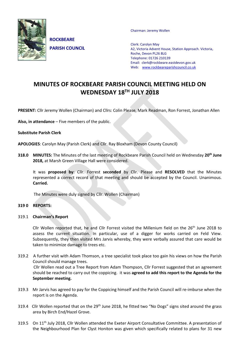 Minutes of Rockbeare Parish Council Meeting Held on Wednesday 18Th July 2018