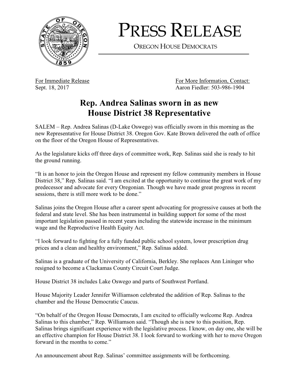 PRESS RELEASE Andrea Salinas