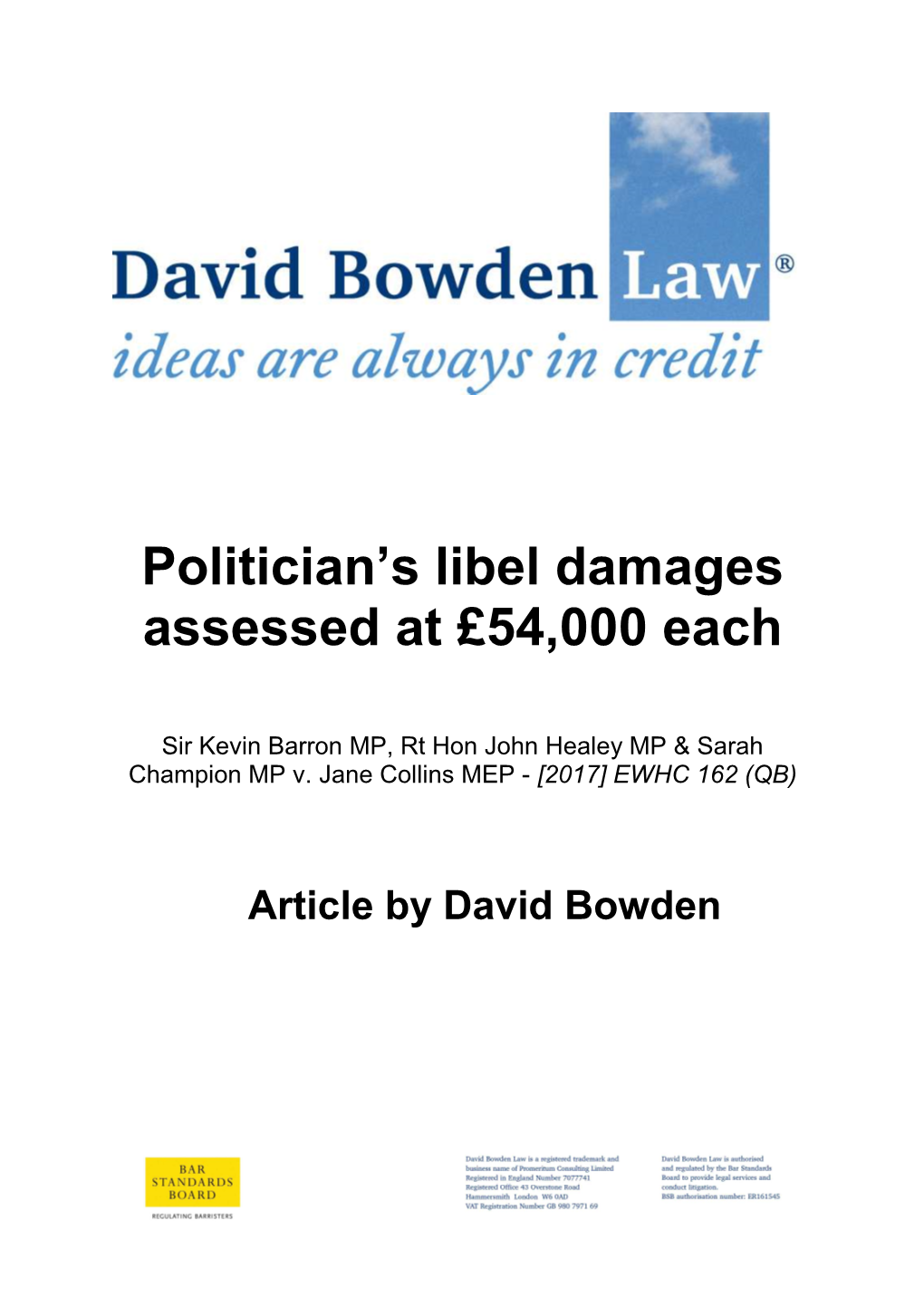 Politician's Libel Damages Assessed at £54,000 Each