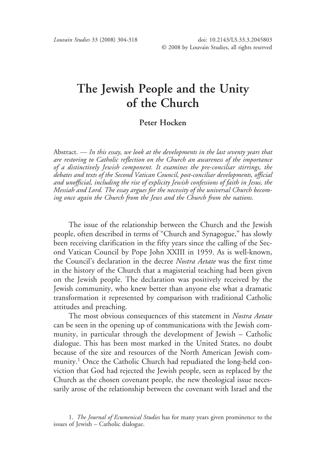 The Jewish People and the Unity of the Church Peter Hocken
