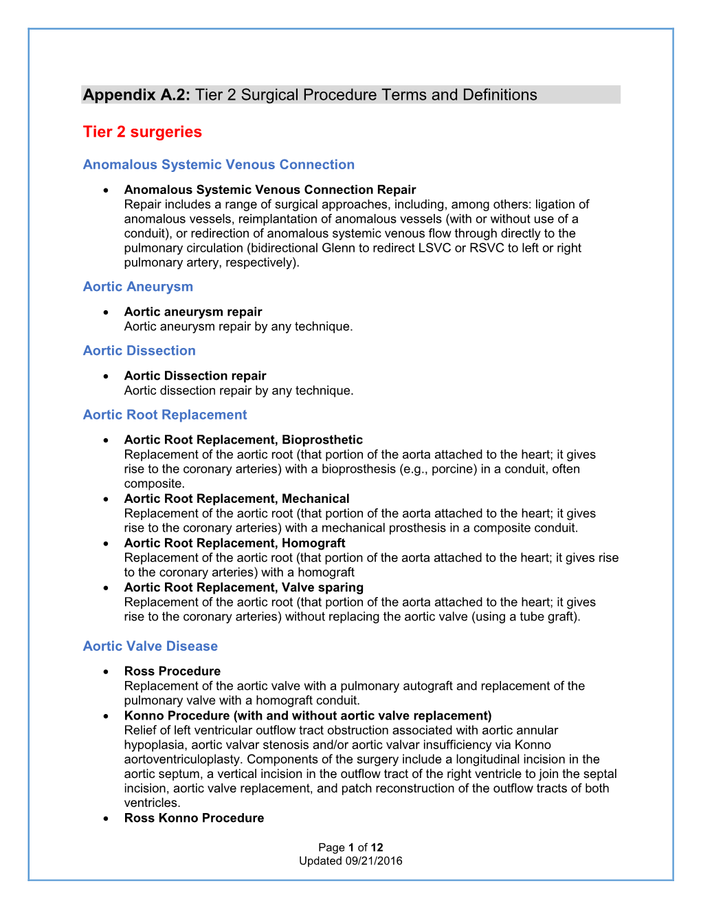 Appendix A.2: Tier 2 Surgical Procedure Terms and Definitions