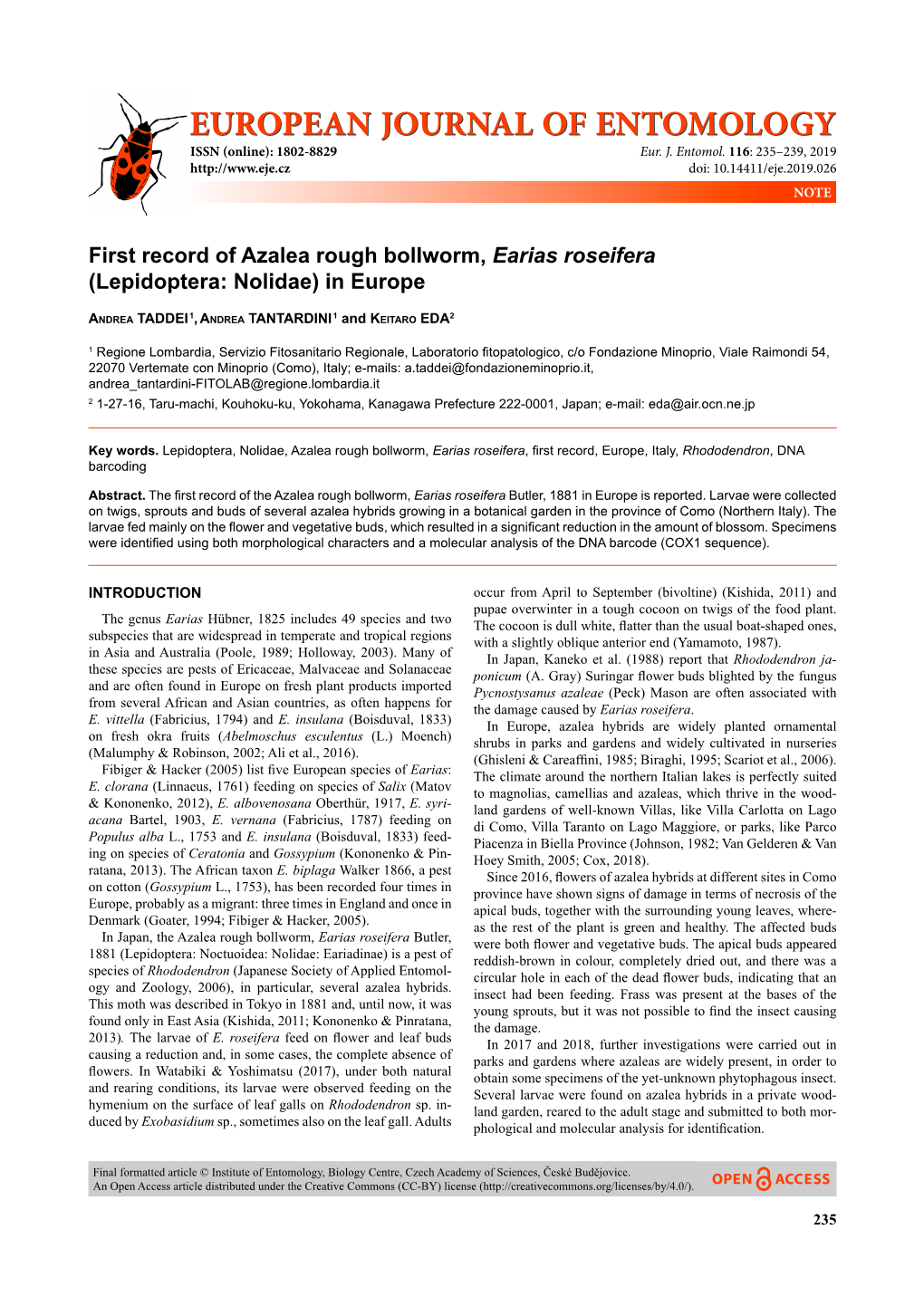 First Record of Azalea Rough Bollworm, Earias Roseifera (Lepidoptera: Nolidae) in Europe