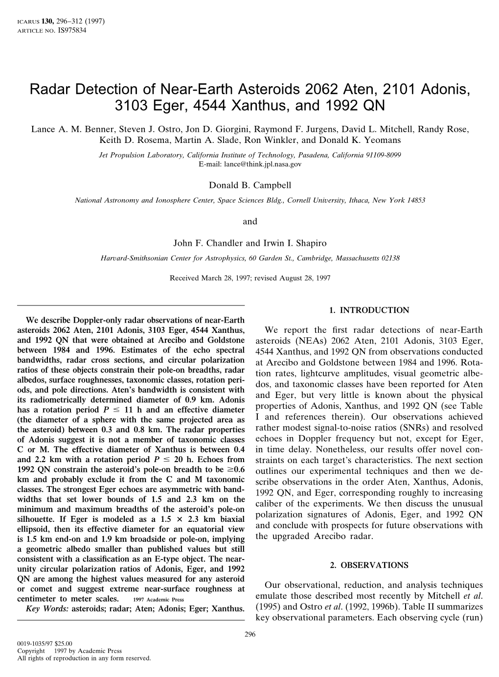 Radar Detection of Near-Earth Asteroids 2062 Aten, 2101 Adonis, 3103 Eger, 4544 Xanthus, and 1992 QN