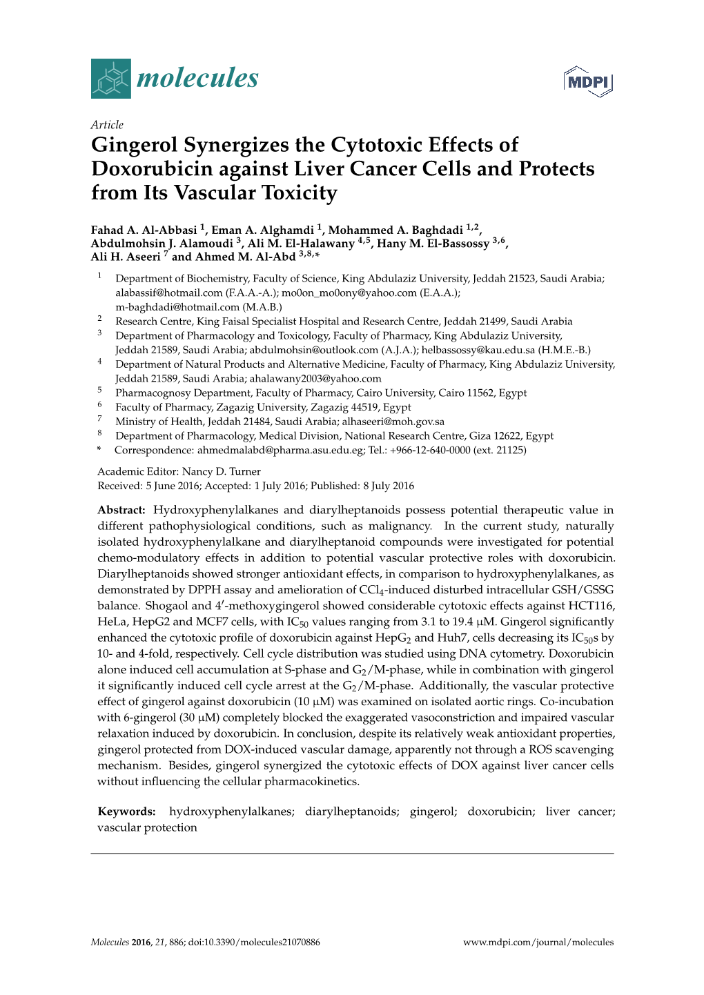 Gingerol Synergizes the Cytotoxic Effects of Doxorubicin Against Liver Cancer Cells and Protects from Its Vascular Toxicity