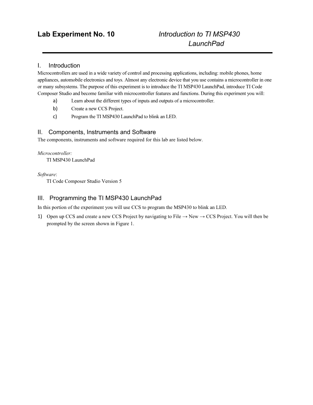 Lab Experiment No. 10 Introduction to TI MSP430 Launchpad