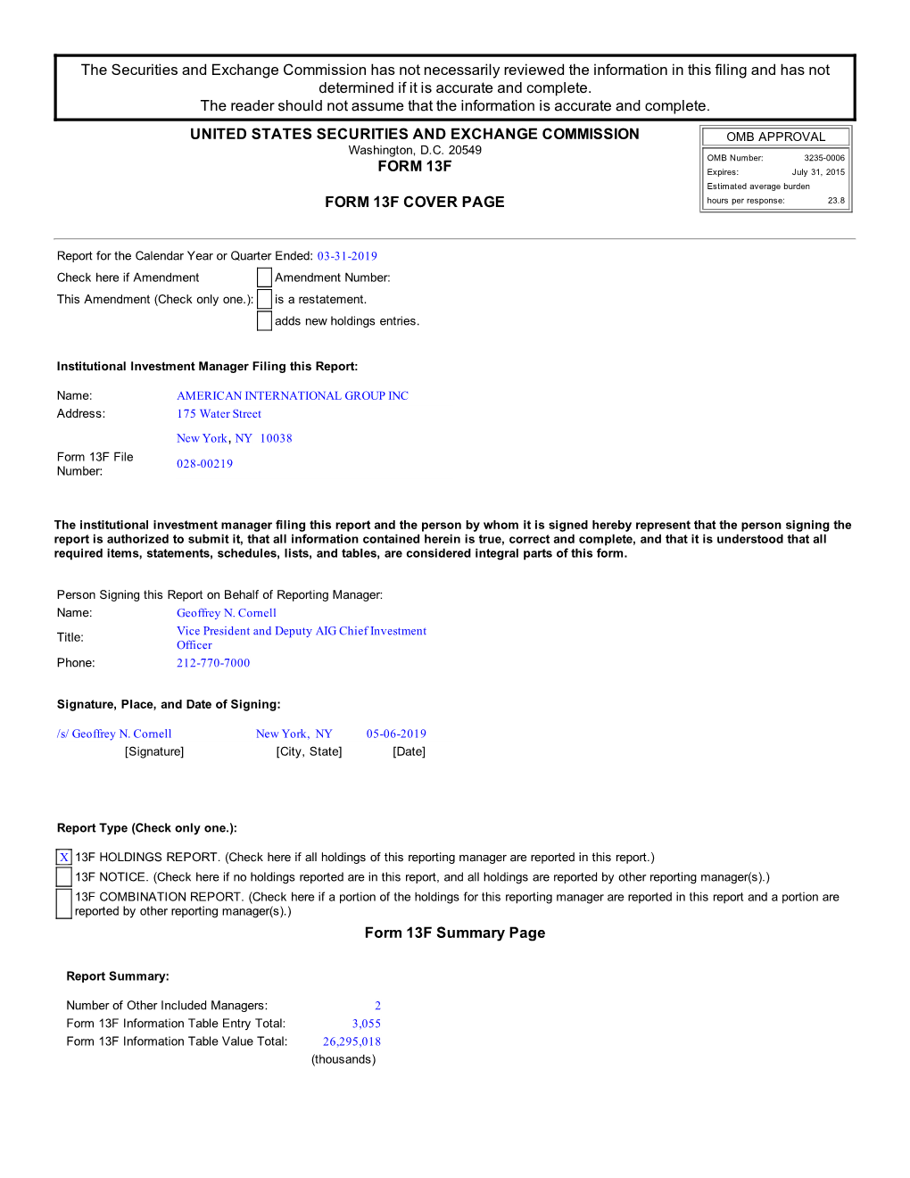 The Securities and Exchange Commission Has Not Necessarily Reviewed the Information in This Filing and Has Not Determined If It Is Accurate and Complete