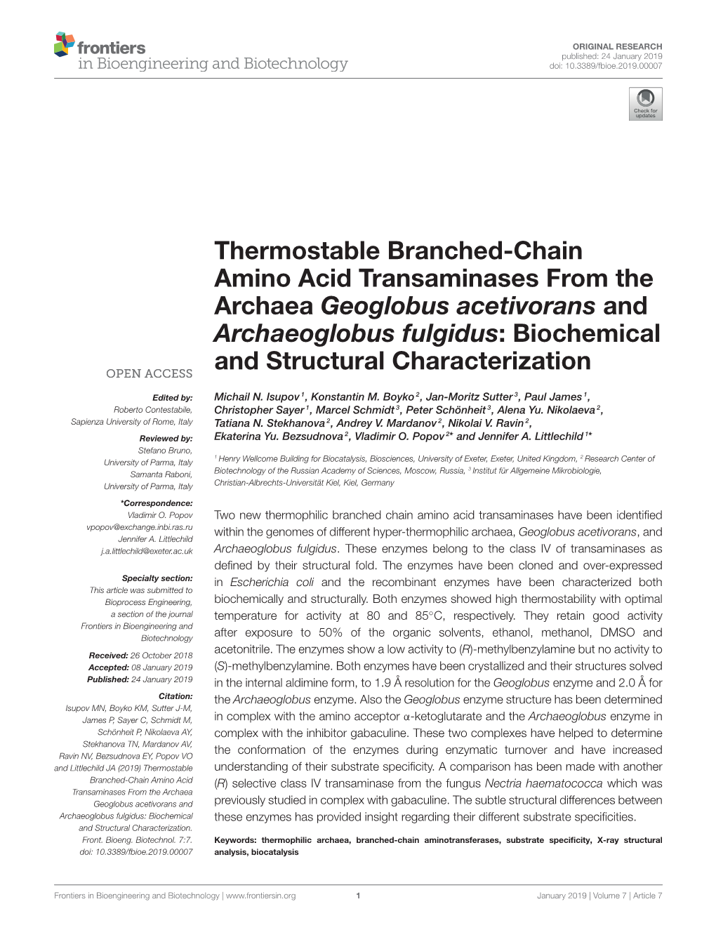Thermostable Branched-Chain Amino Acid Transaminases from the Archaea Geoglobus Acetivorans and Archaeoglobus Fulgidus: Biochemical and Structural Characterization