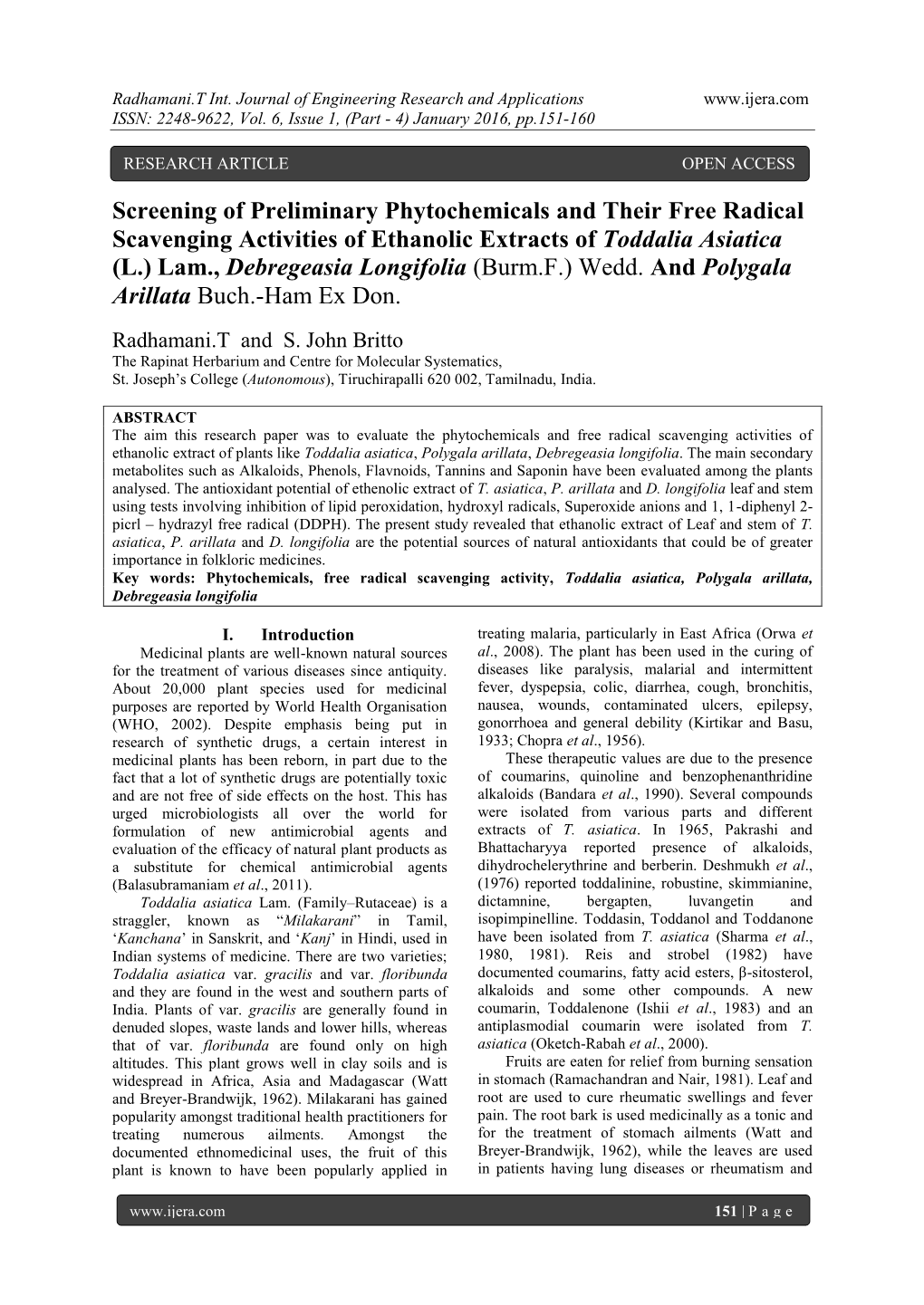 Screening of Preliminary Phytochemicals and Their Free