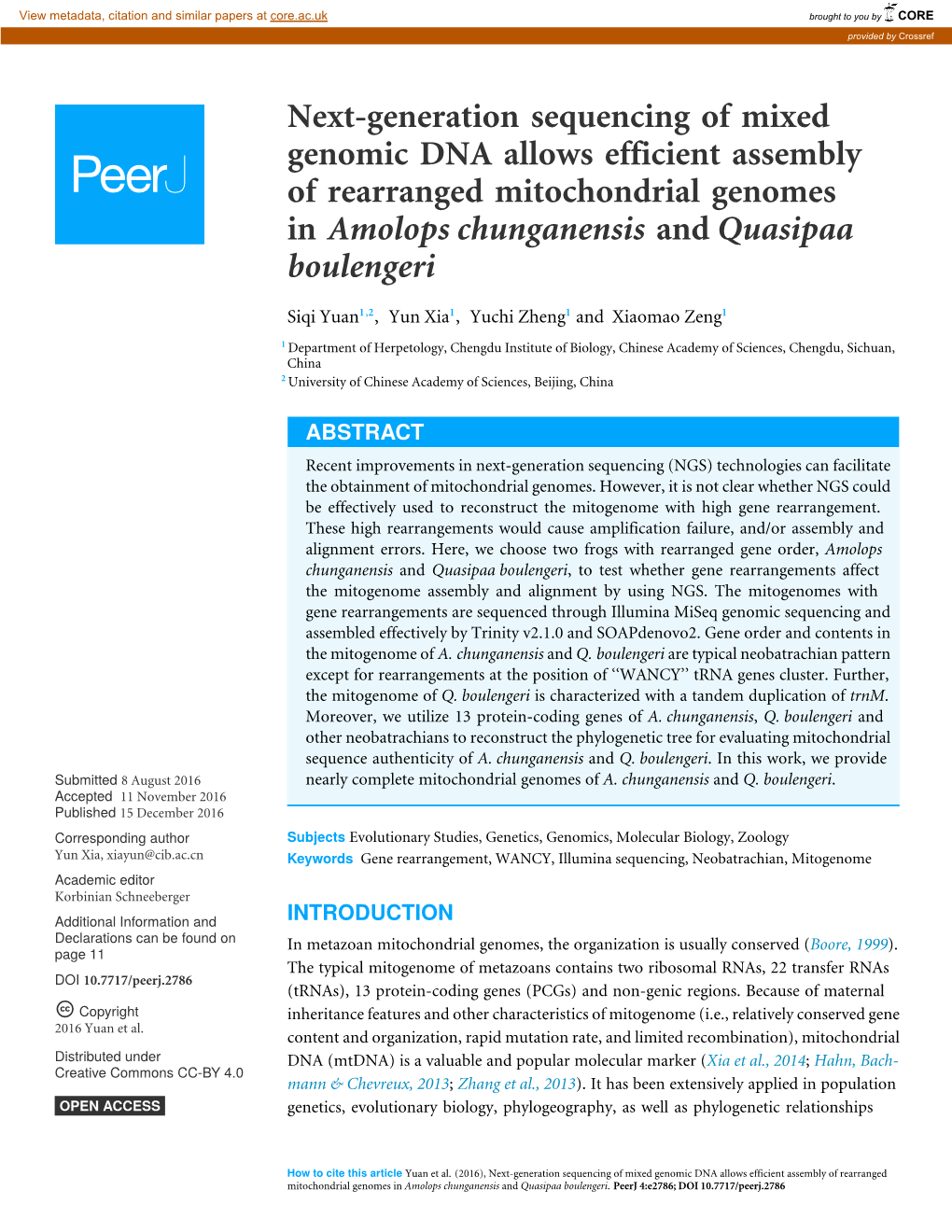 Next-Generation Sequencing of Mixed Genomic DNA Allows Efficient Assembly of Rearranged Mitochondrial Genomes in Amolops Chunganensis and Quasipaa Boulengeri