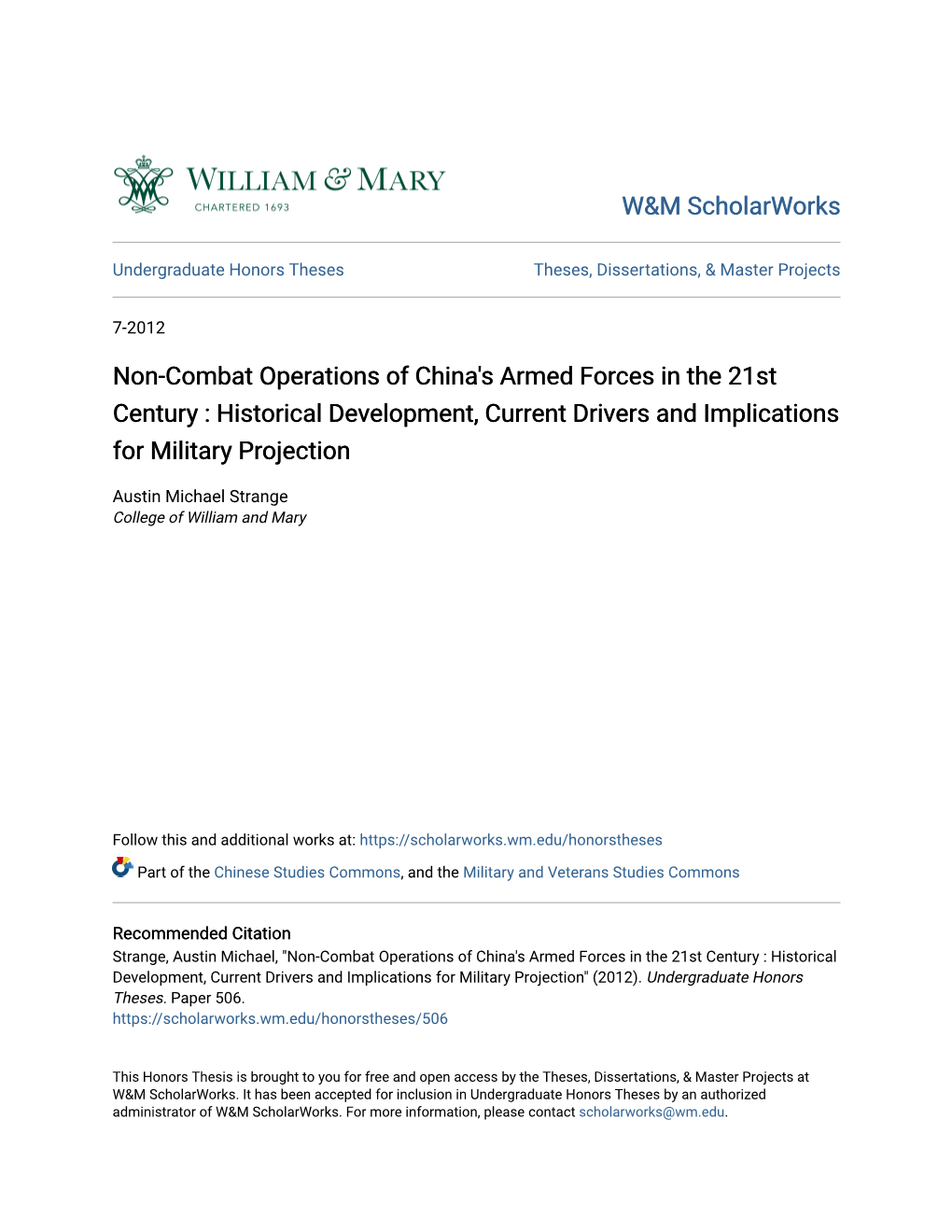 Non-Combat Operations of China's Armed Forces in the 21St Century : Historical Development, Current Drivers and Implications for Military Projection