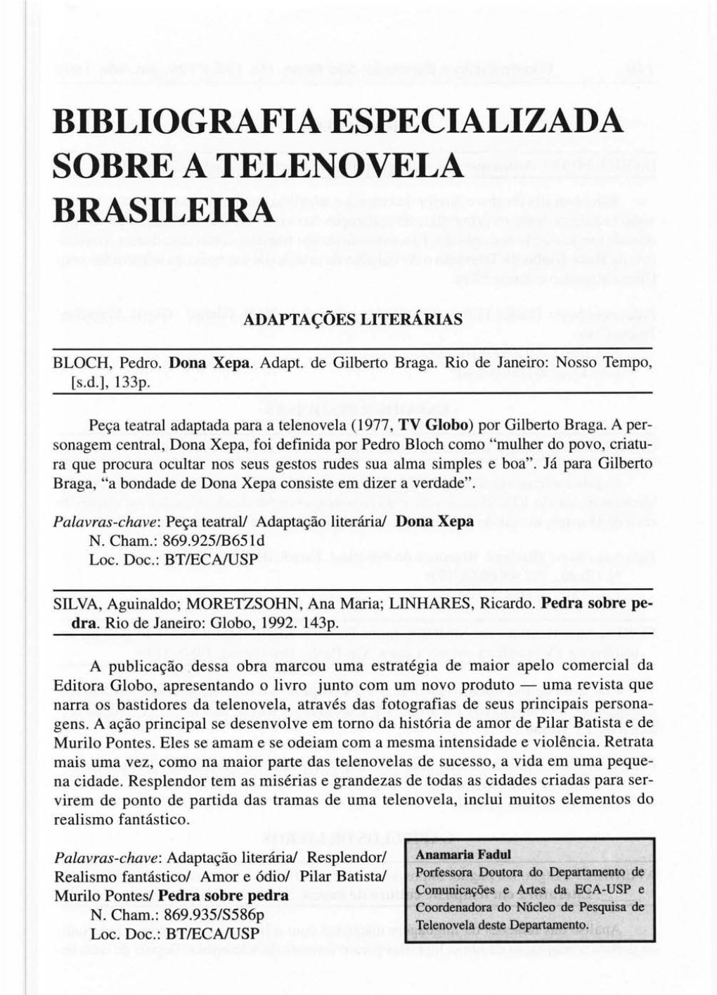 Bibliografia Especializada Sobre a Telenovela Brasileira