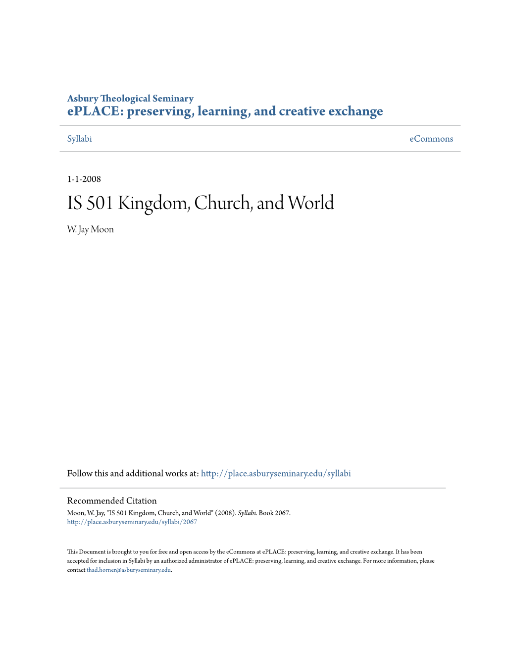 IS 501 Kingdom, Church, and World W