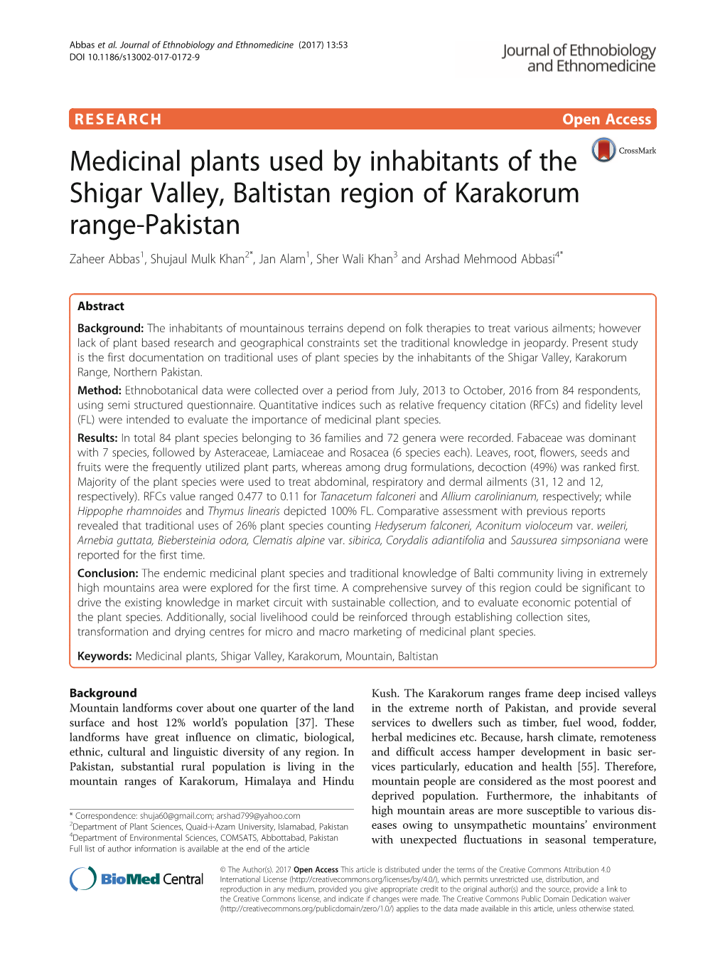 Medicinal Plants Used by Inhabitants of the Shigar Valley, Baltistan