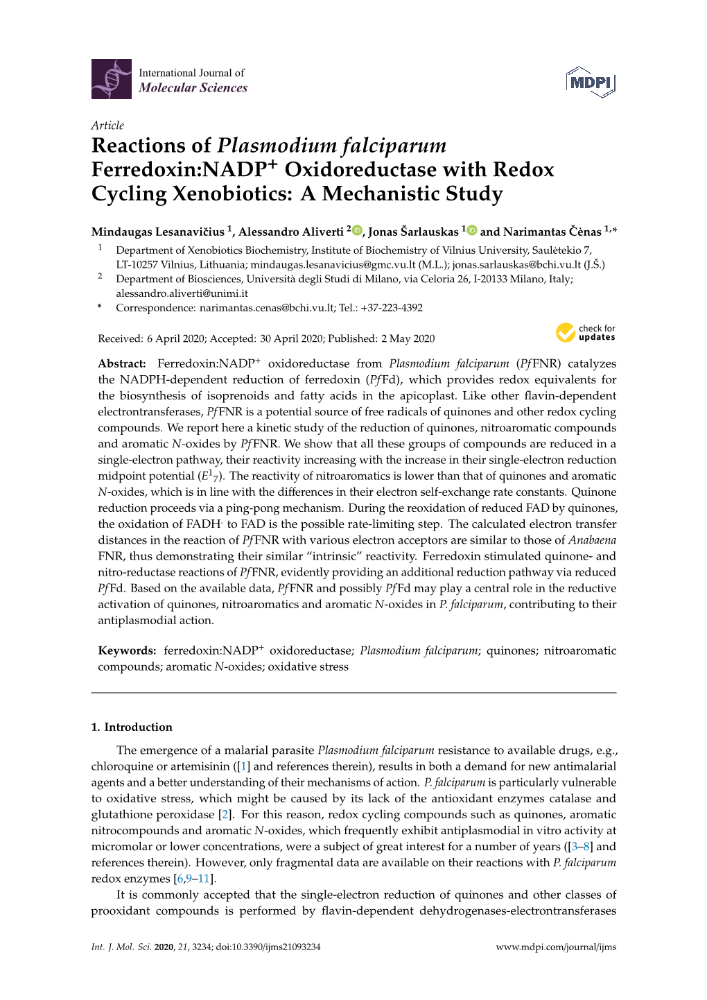 Reactions of Plasmodium Falciparum Ferredoxin:NADP Oxidoreductase