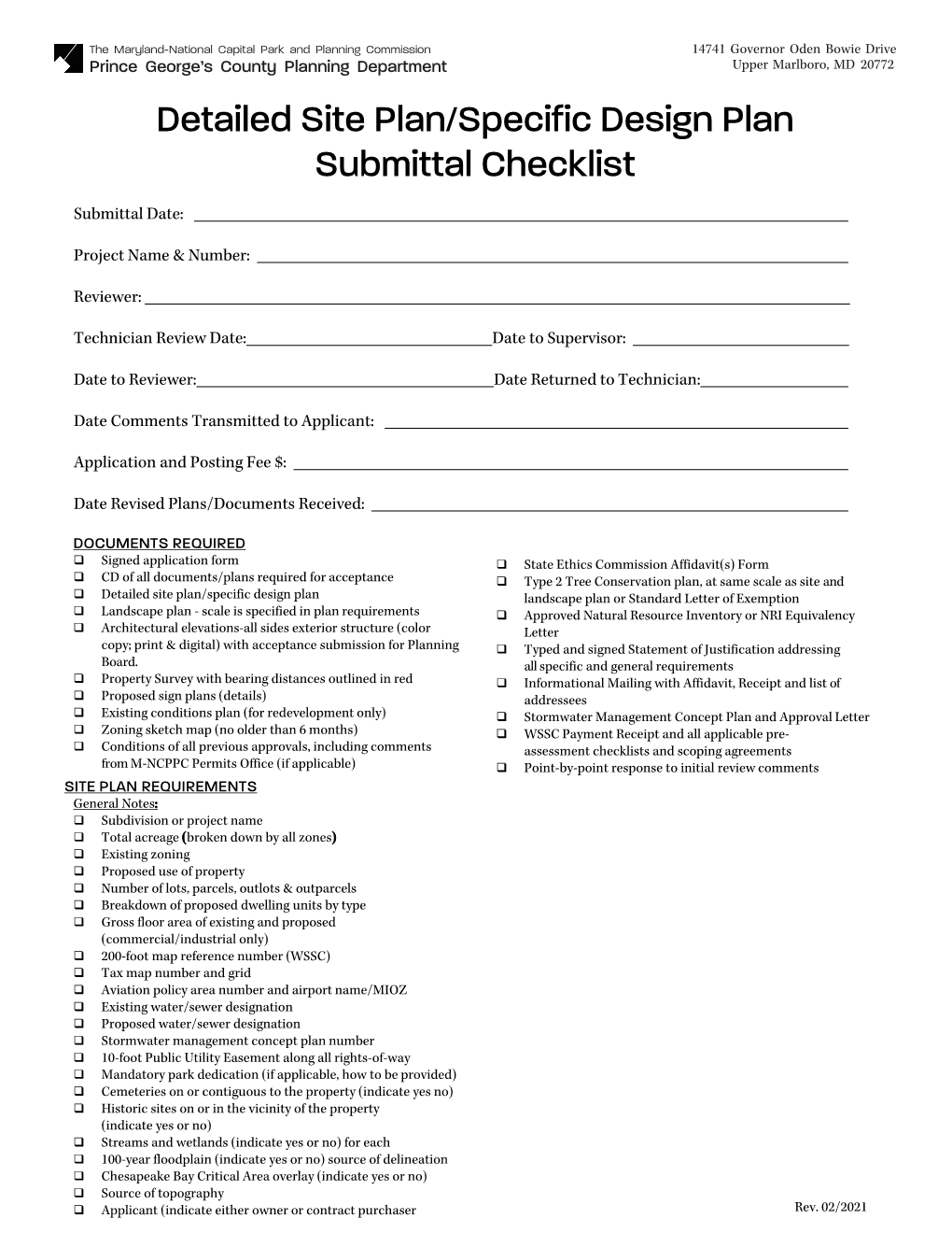 Detailed Site Plan/Specific Design Plan Submittal Checklist