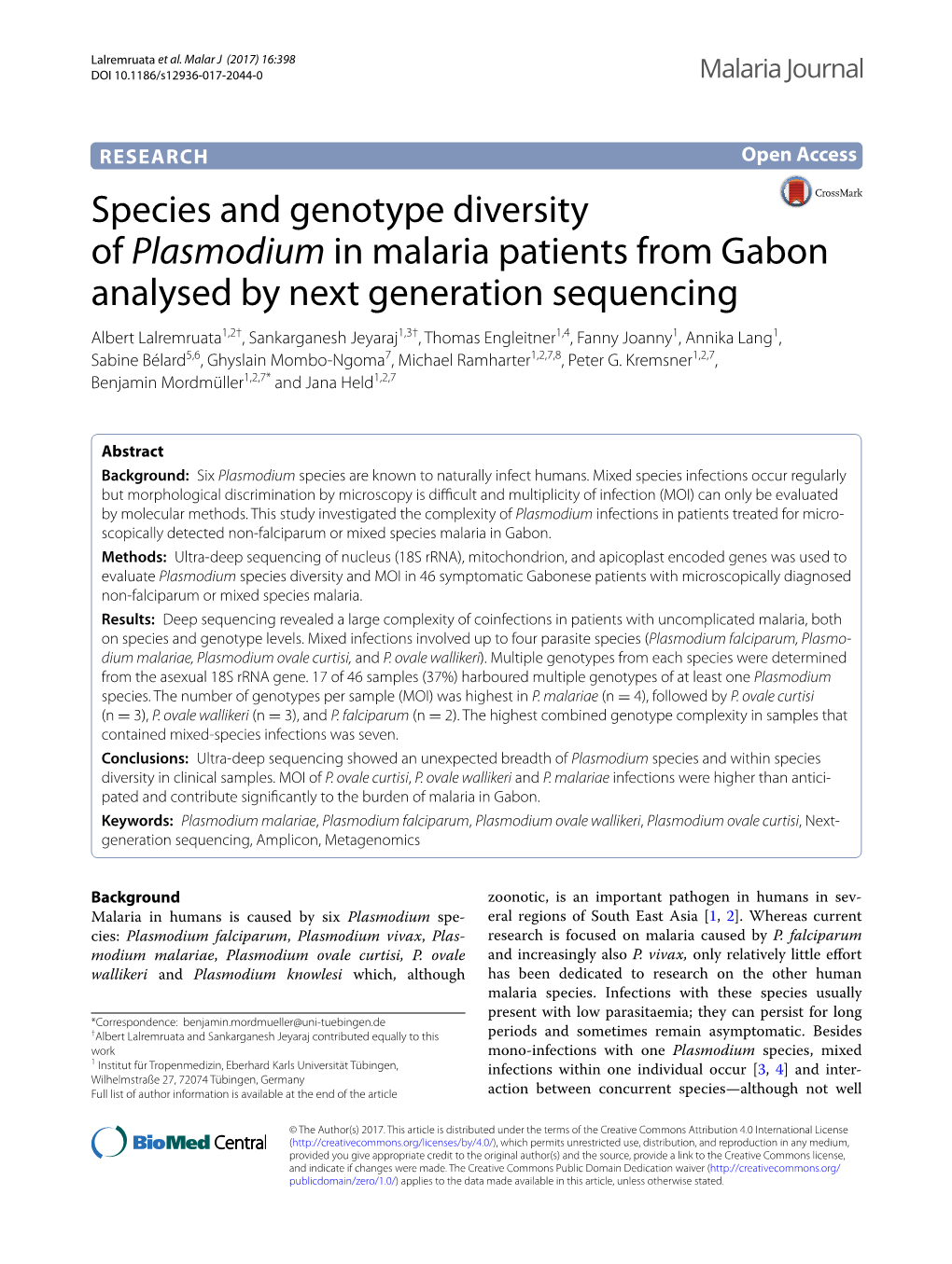 Species and Genotype Diversity of Plasmodium in Malaria Patients from Gabon Analysed by Next Generation Sequencing