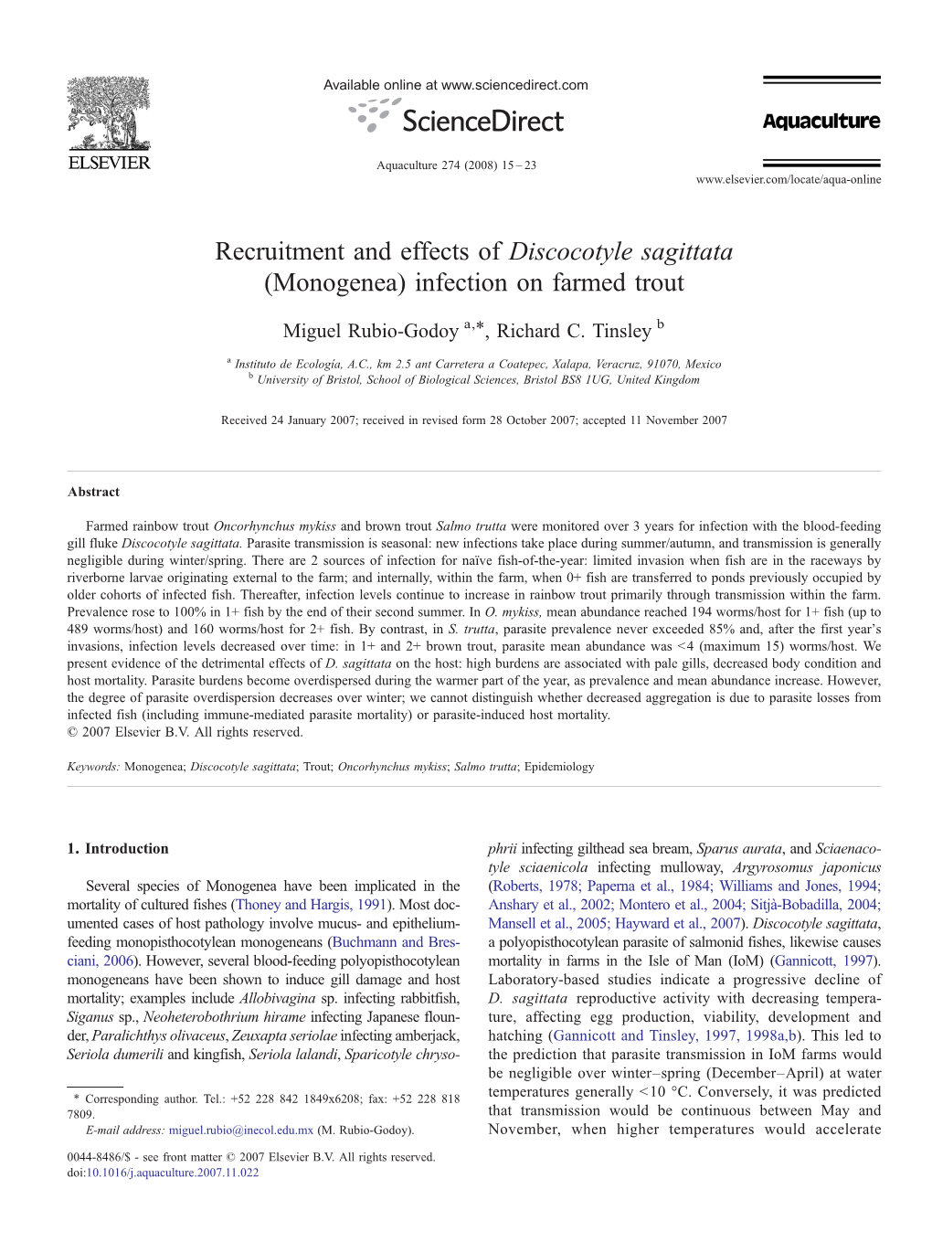 Recruitment and Effects of Discocotyle Sagittata (Monogenea) Infection on Farmed Trout ⁎ Miguel Rubio-Godoy A, , Richard C