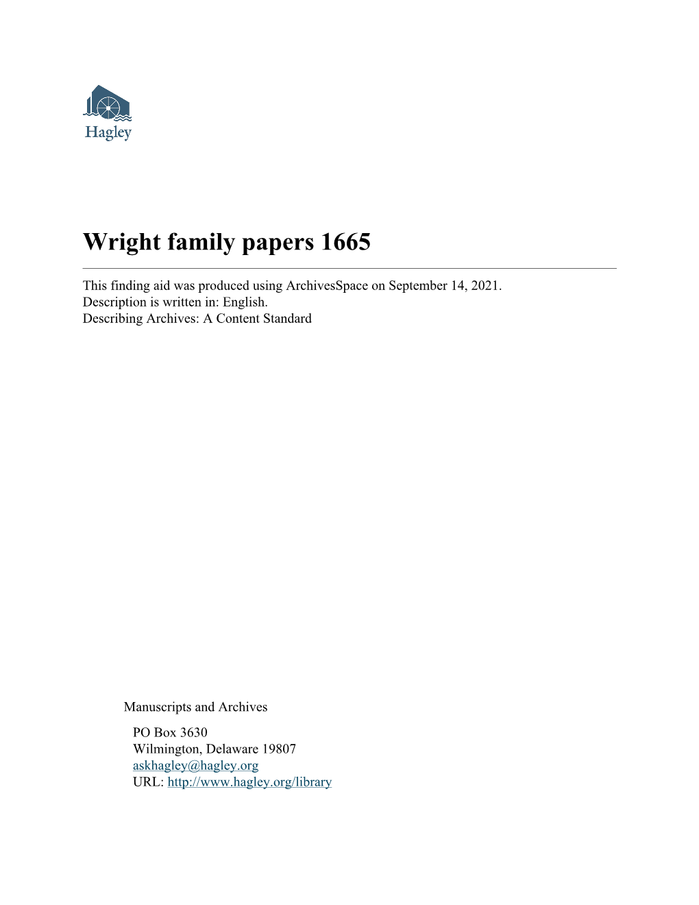 Wright Family Papers 1665