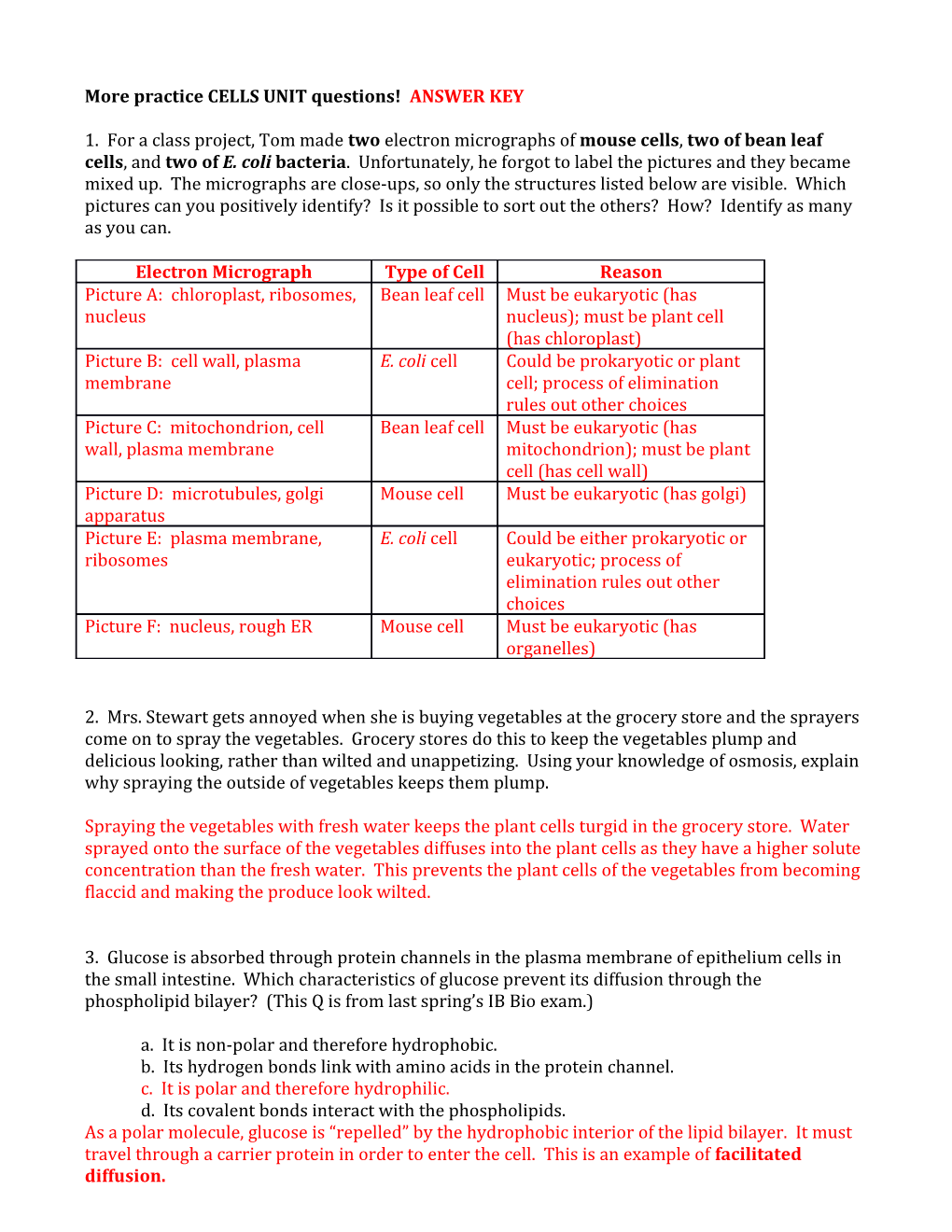 More Practice CELLS UNIT Questions! ANSWER KEY