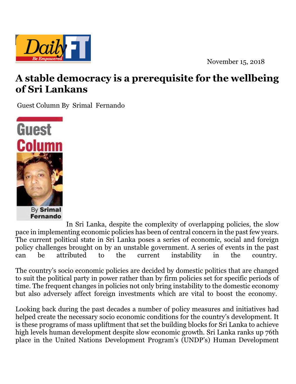 A Stable Democracy Is a Prerequisite for the Wellbeing of Sri Lankans