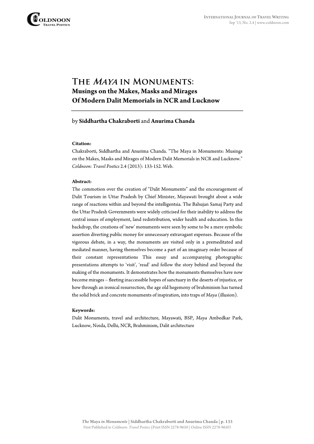 The Maya in Monuments: Musings on the Makes, Masks and Mirages of Modern Dalit Memorials in NCR and Lucknow by Siddhartha Chakraborti and Anurima Chanda