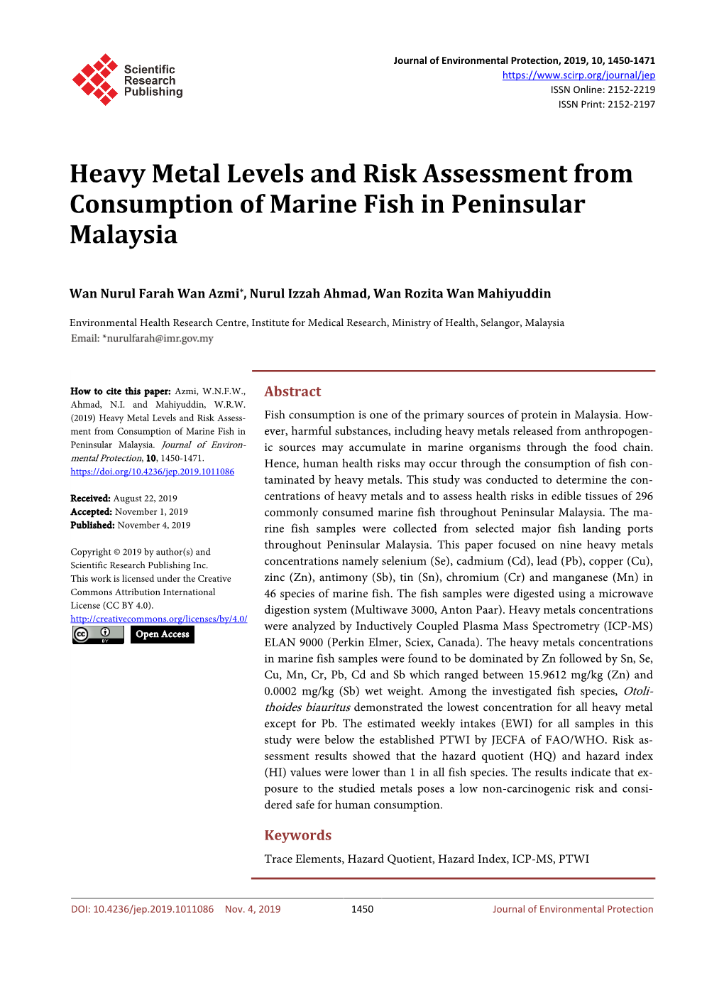 Heavy Metal Levels and Risk Assessment from Consumption of Marine Fish in Peninsular Malaysia