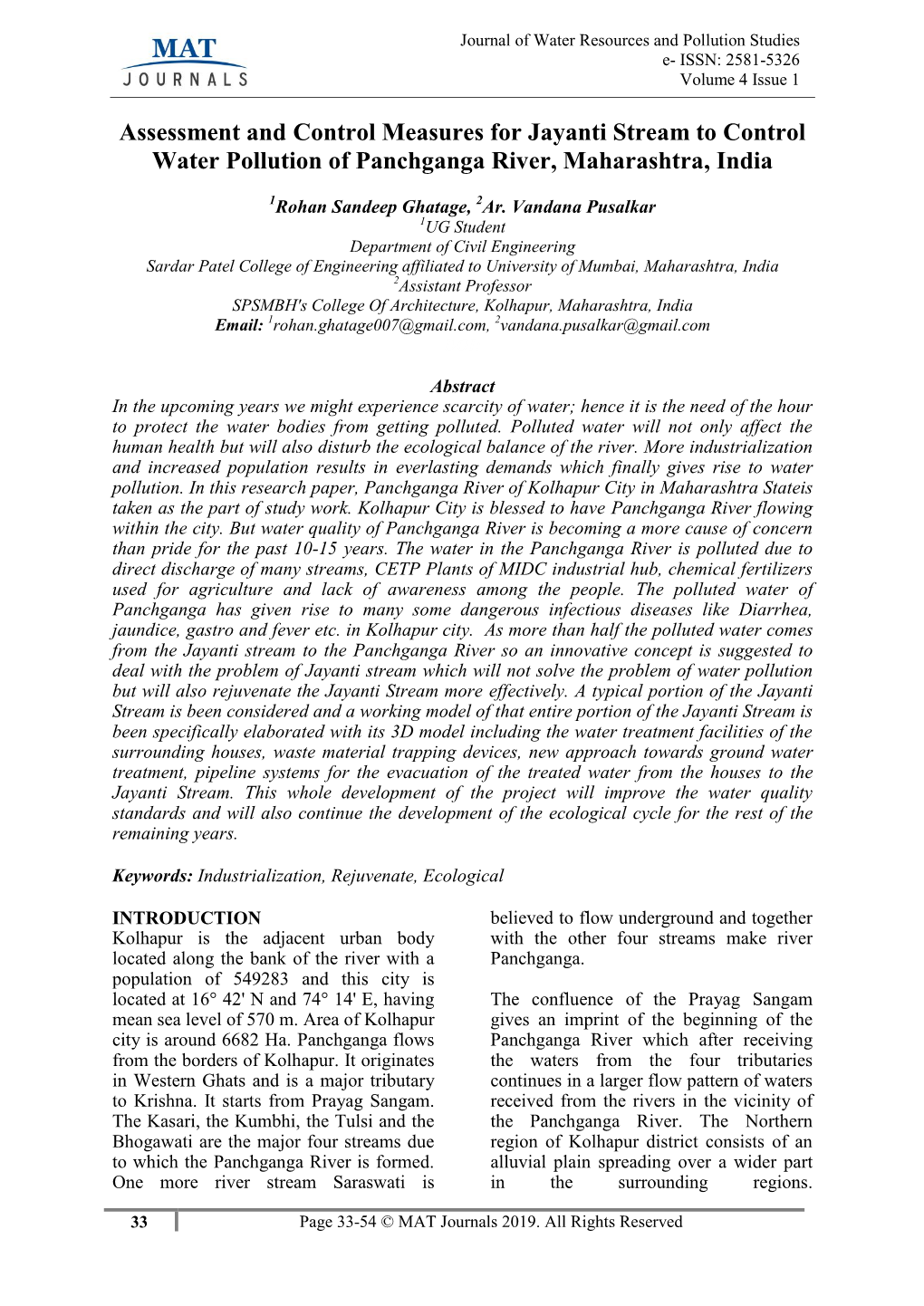 Assessment and Control Measures for the Water Pollution of Panchganga