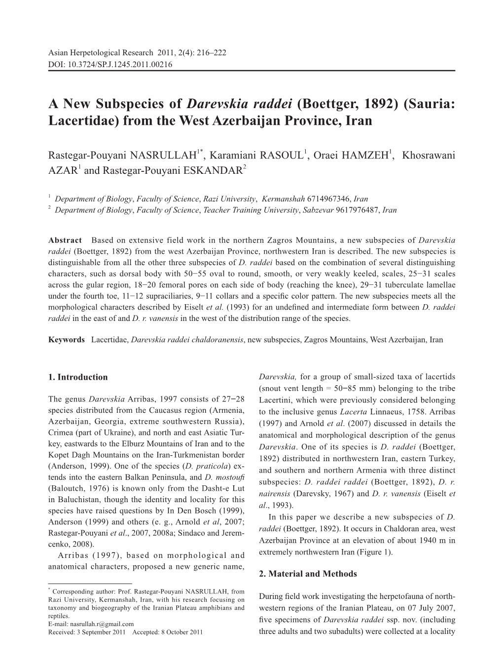 A New Subspecies of Darevskia Raddei (Boettger, 1892) (Sauria: Lacertidae) from the West Azerbaijan Province, Iran