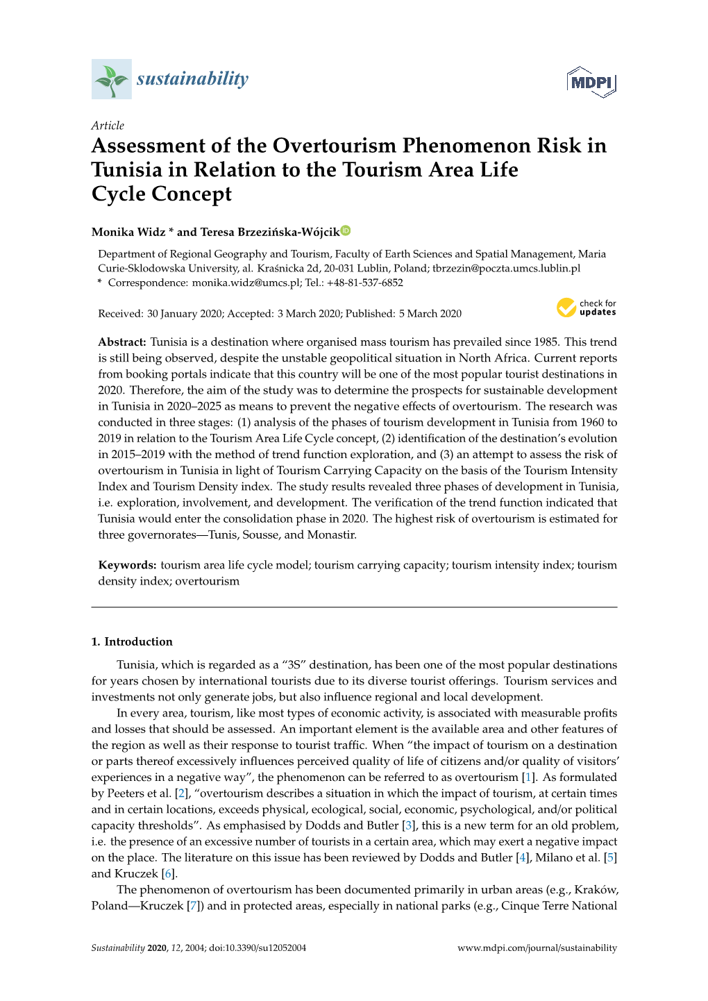 Assessment of the Overtourism Phenomenon Risk in Tunisia in Relation to the Tourism Area Life Cycle Concept