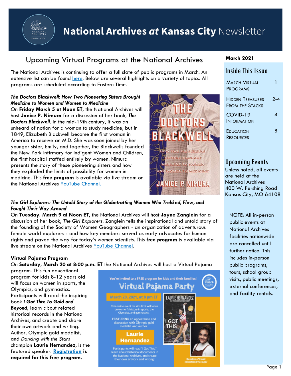 March 2021 the National Archives Is Continuing to Offer a Full Slate of Public Programs in March