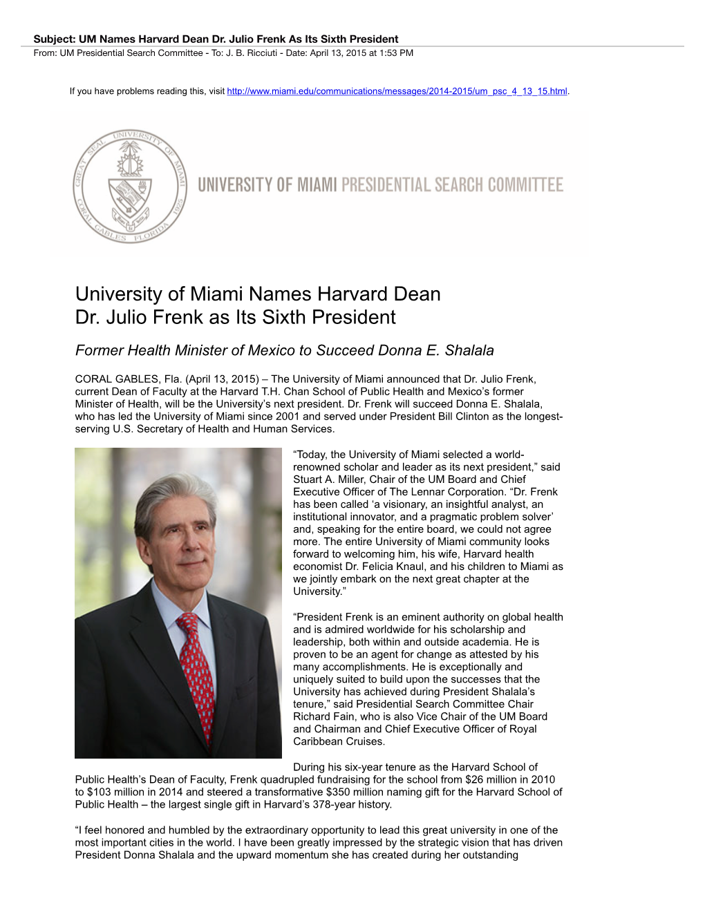 University of Miami Names Harvard Dean Dr. Julio Frenk As Its Sixth President