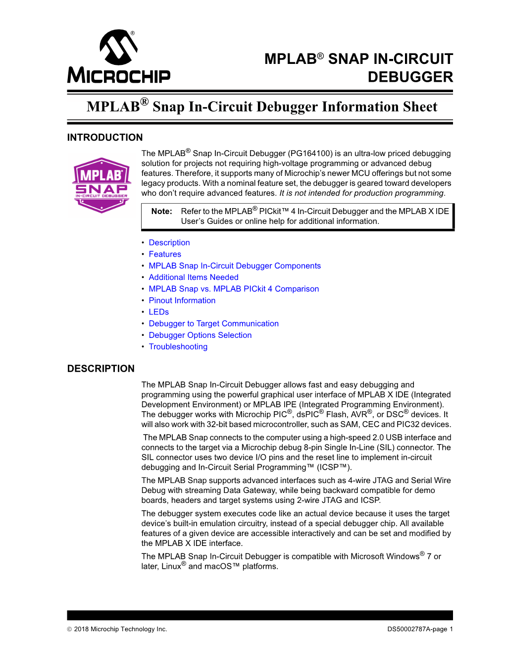 MPLAB Snap In-Circuit Debugger Information Sheet