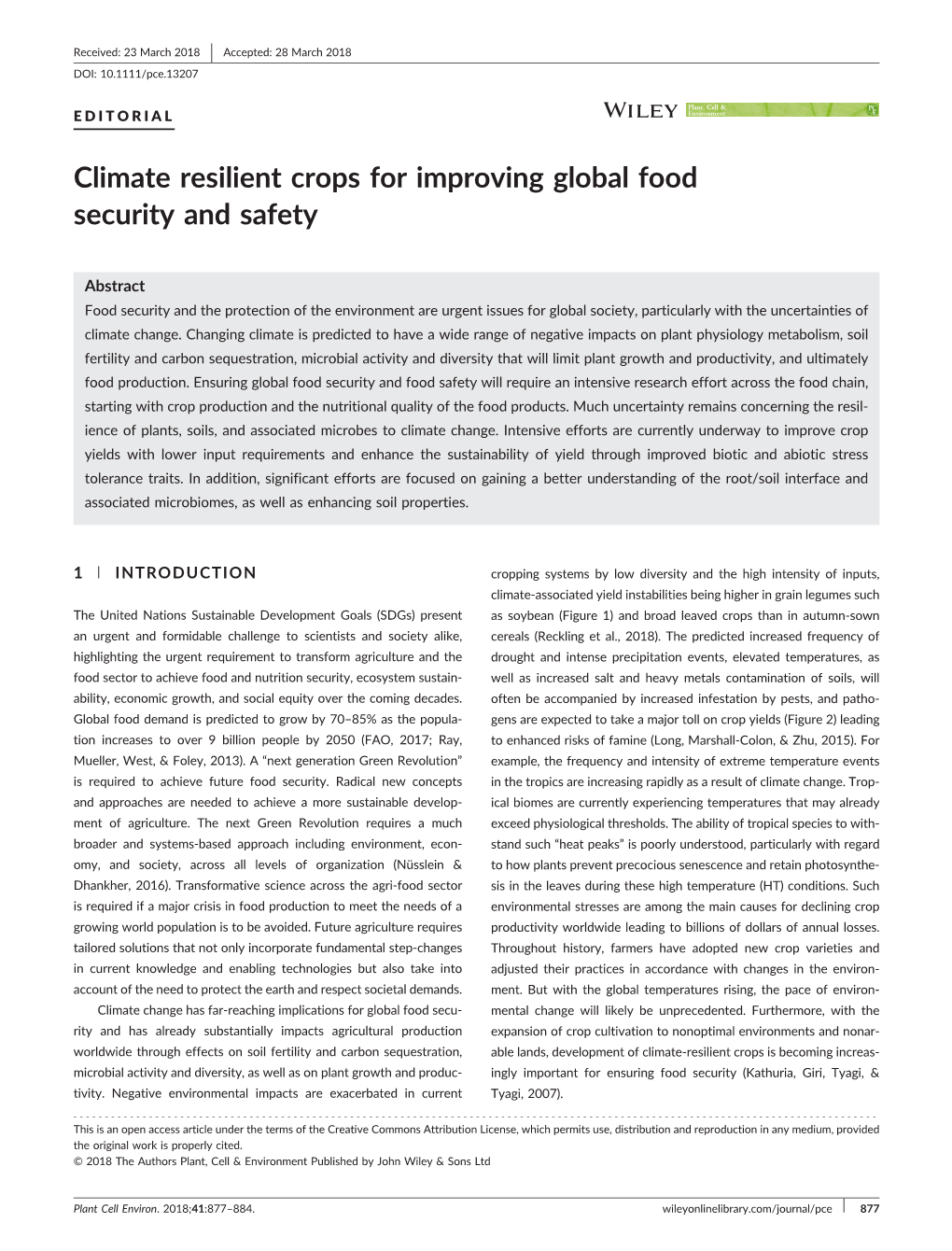 Climate Resilient Crops for Improving Global Food Security and Safety