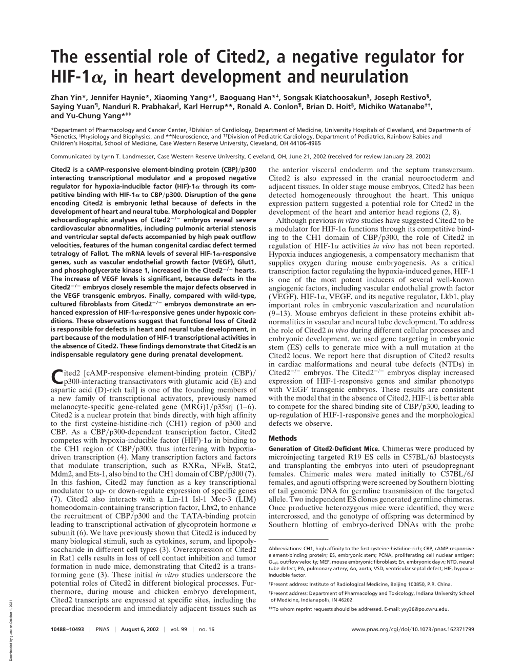 The Essential Role of Cited2, a Negative Regulator for HIF-1 , In